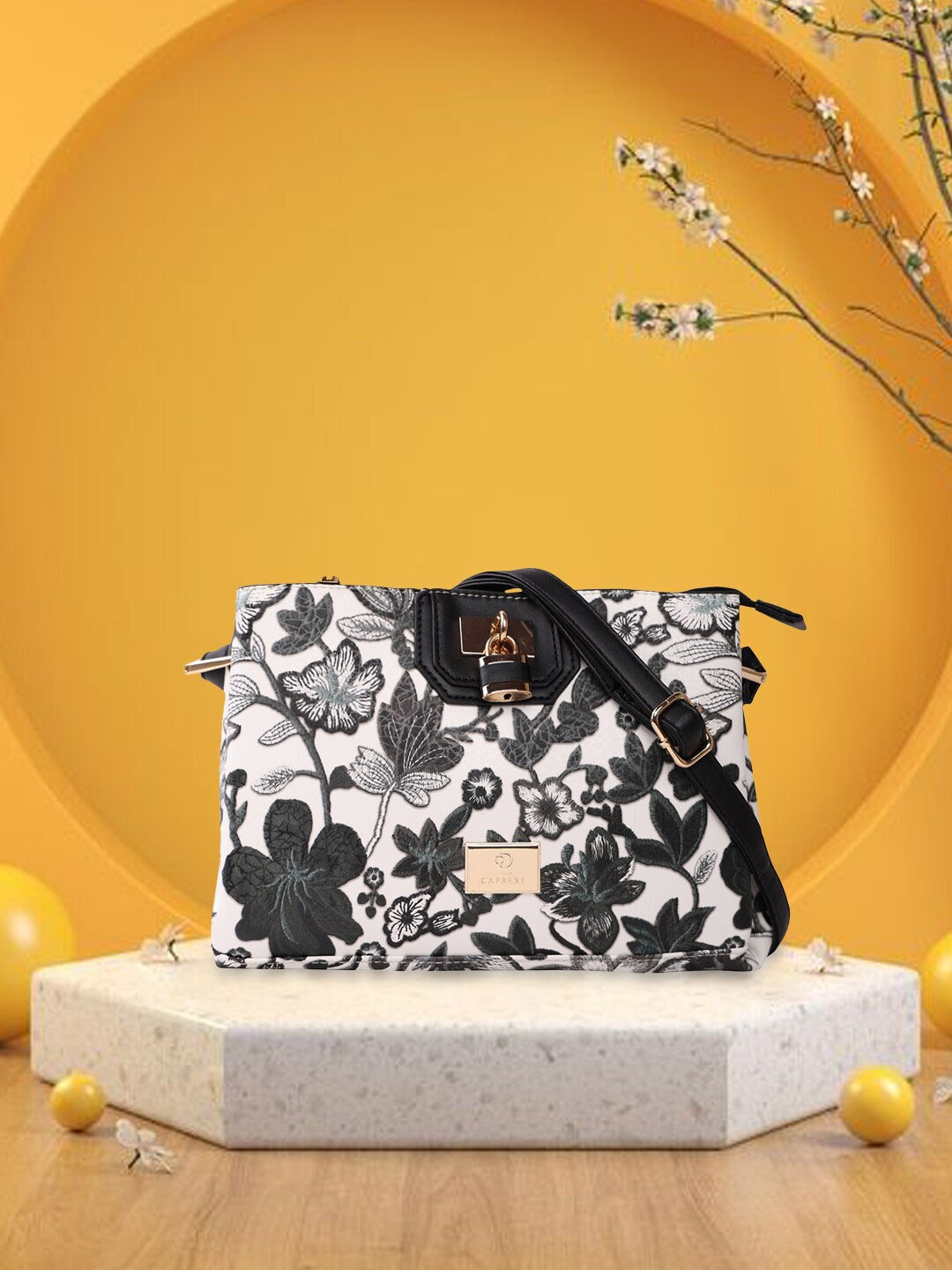 Caprese Floral Printed Structured Handheld Bag, Grey
