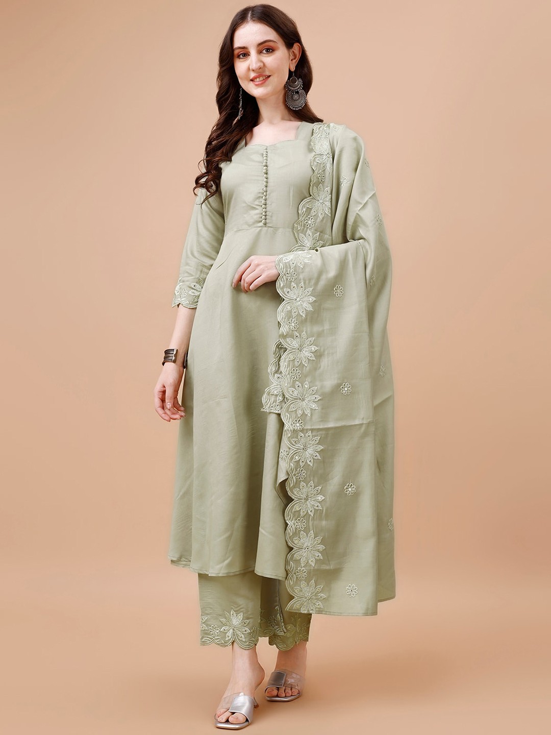 

KALINI Ethnic Motifs Embroidered Kurta with Trousers & Dupatta, Green