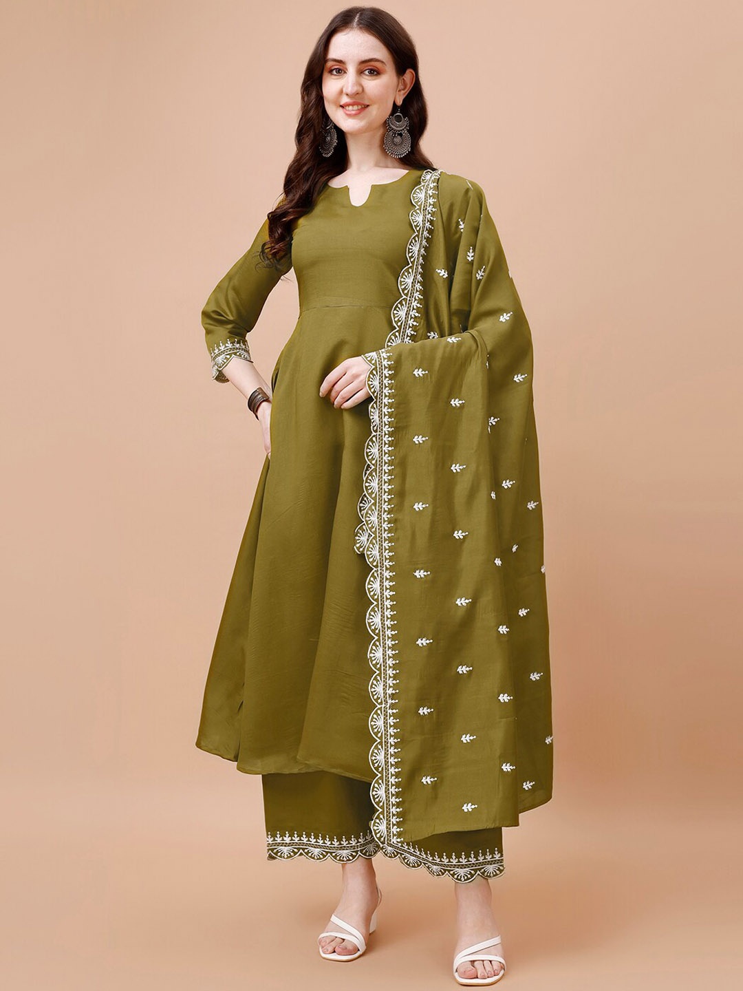 

KALINI Round Neck Kurta & Palazzos With Dupatta, Olive
