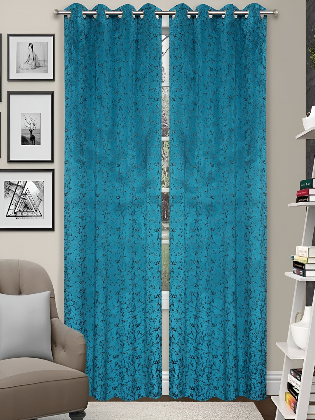 

Grihshobha Turquoise Blue & Black Set of 2 Room Darkening Window Curtain