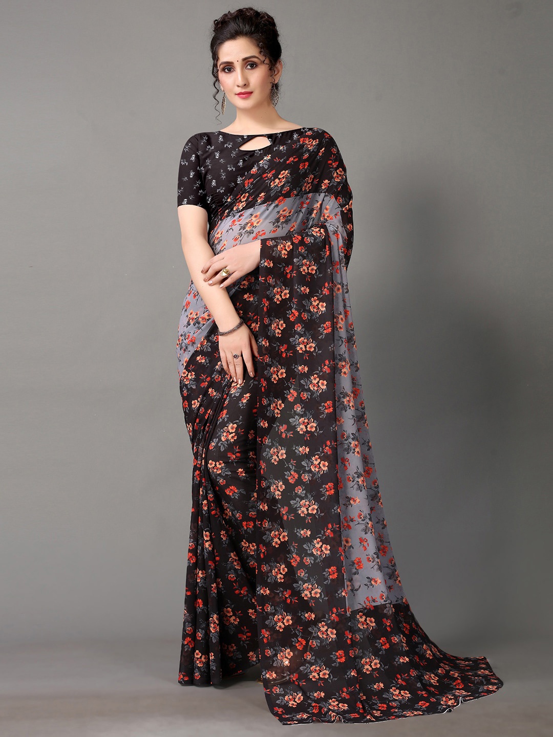 

KALINI Floral Printed Sarees, Black