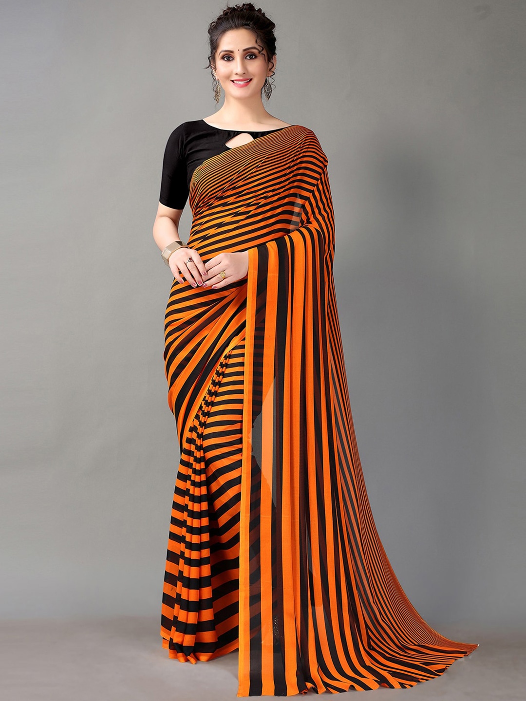 

KALINI Striped Borderless Saree, Orange