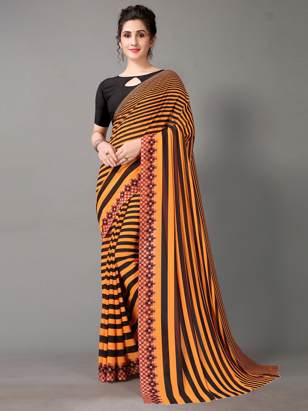 

KALINI Striped Poly Georgette Sarees, Orange