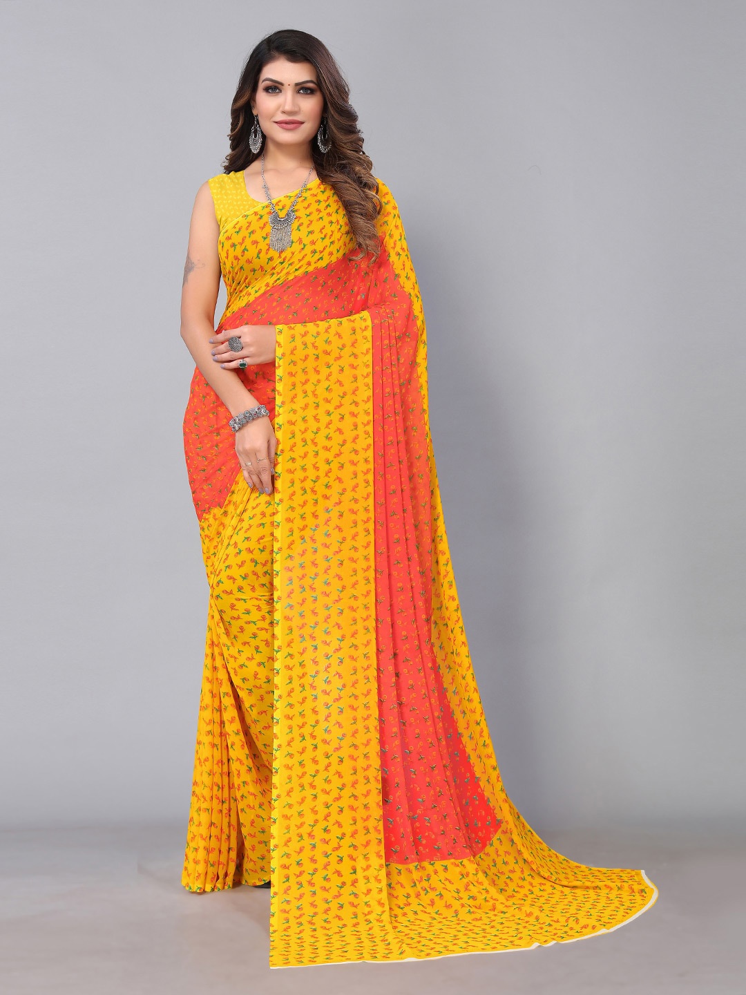 

KALINI Floral Printed Poly Georgette Saree, Yellow