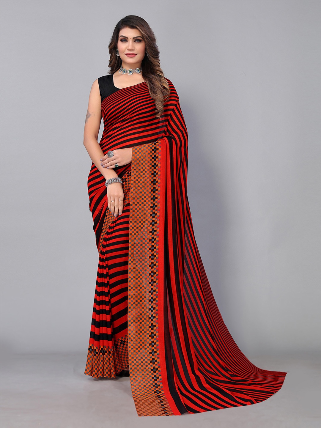 

KALINI Striped Saree, Red