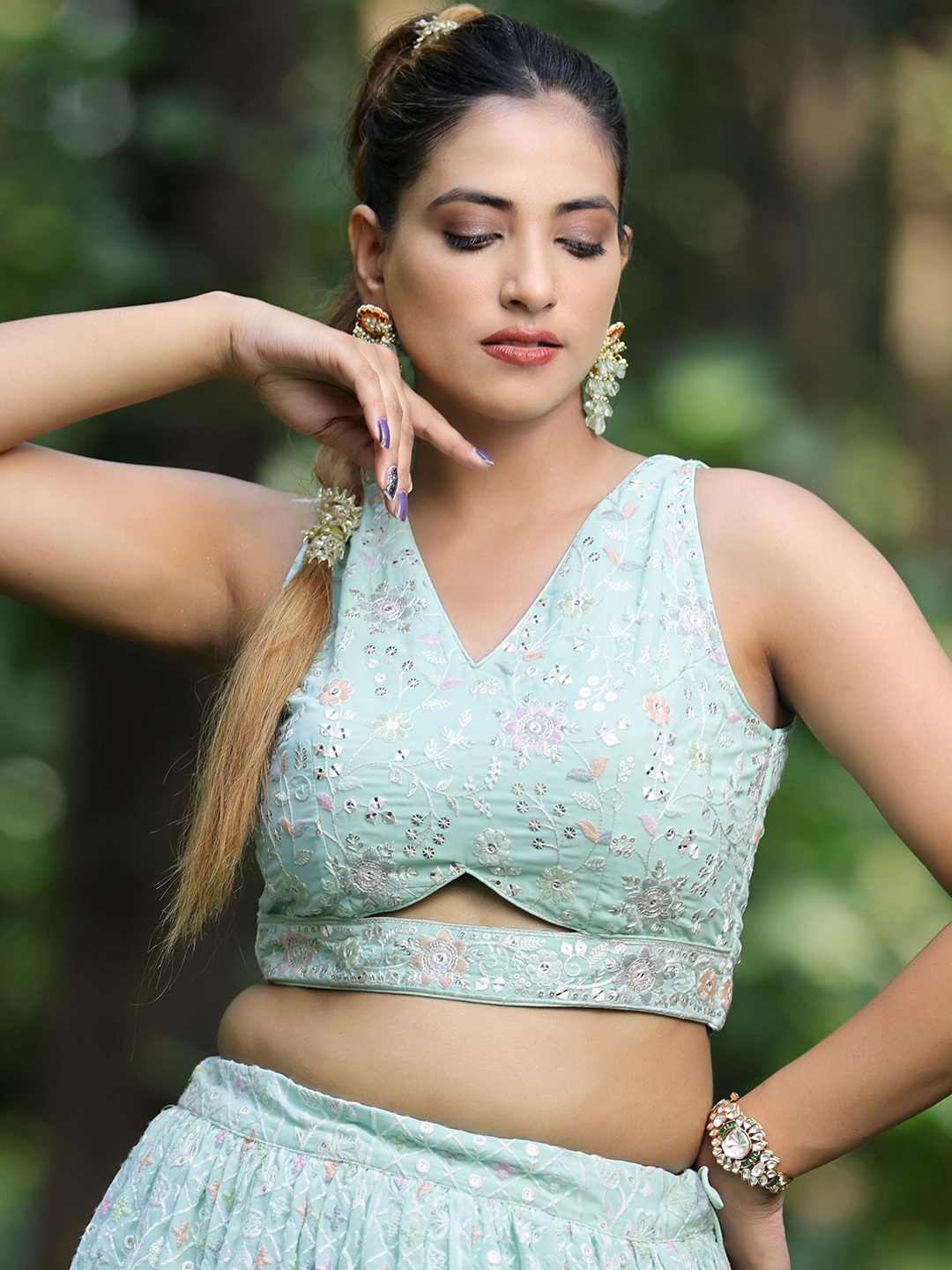 

Ethnovog Embroidered Sequinned Georgette Ready To Wear Saree Blouse, Blue