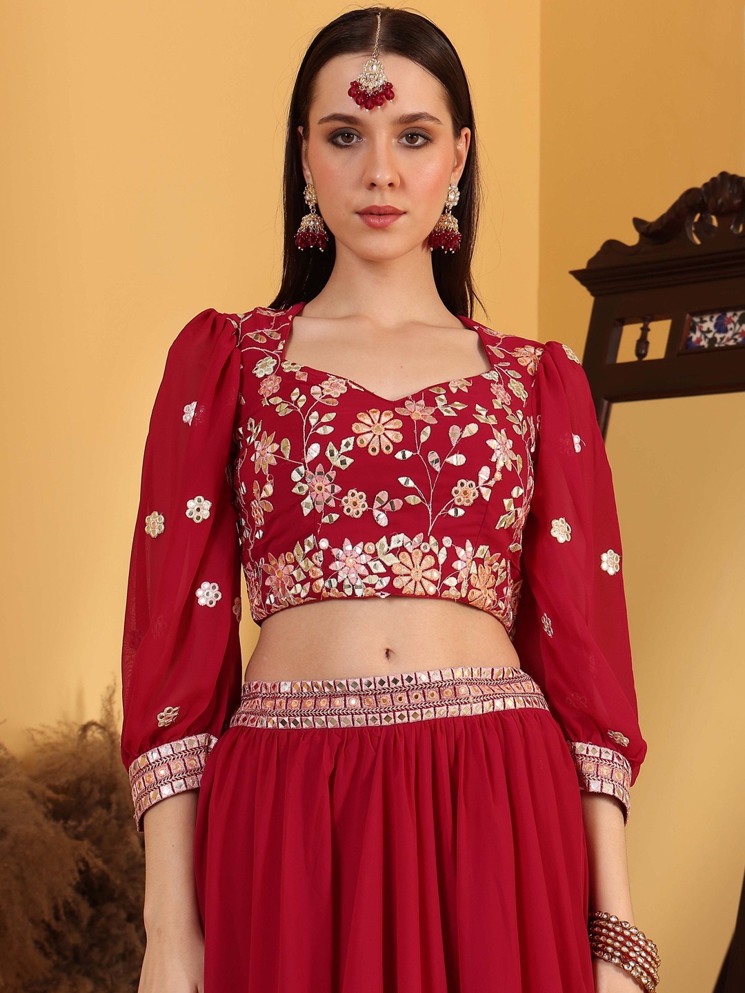 

Ethnovog Embroidered Mirror Work Ready To Wear Saree Blouse, Maroon
