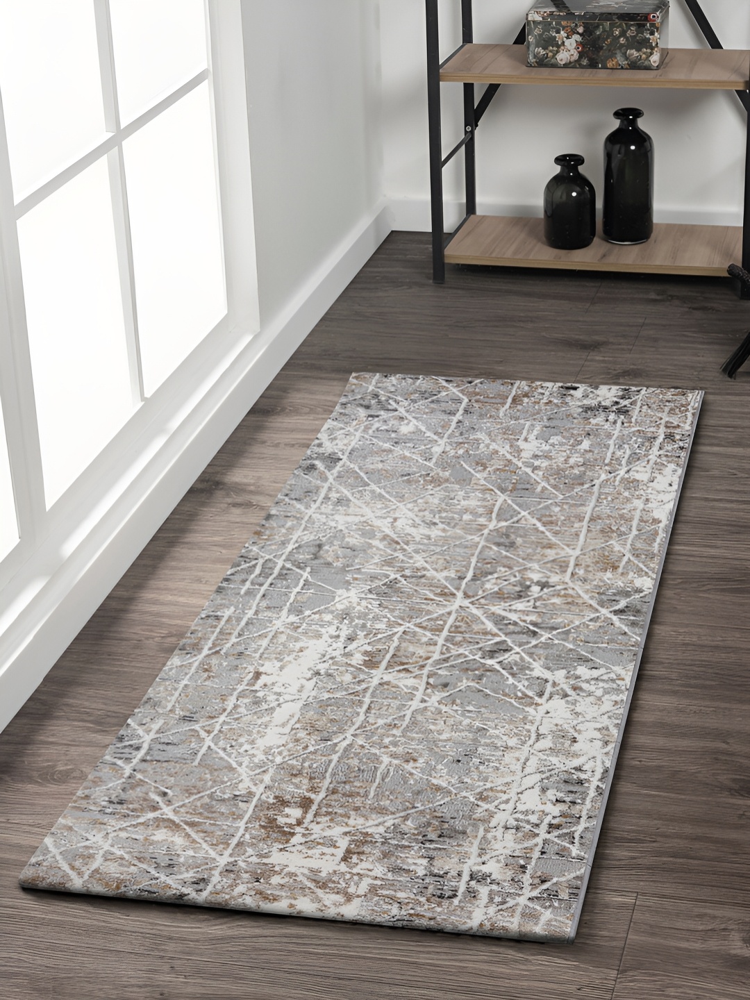 

OBSESSIONS Grey & Cream Coloured Abstract-Printed Anti-Static Floor Runner