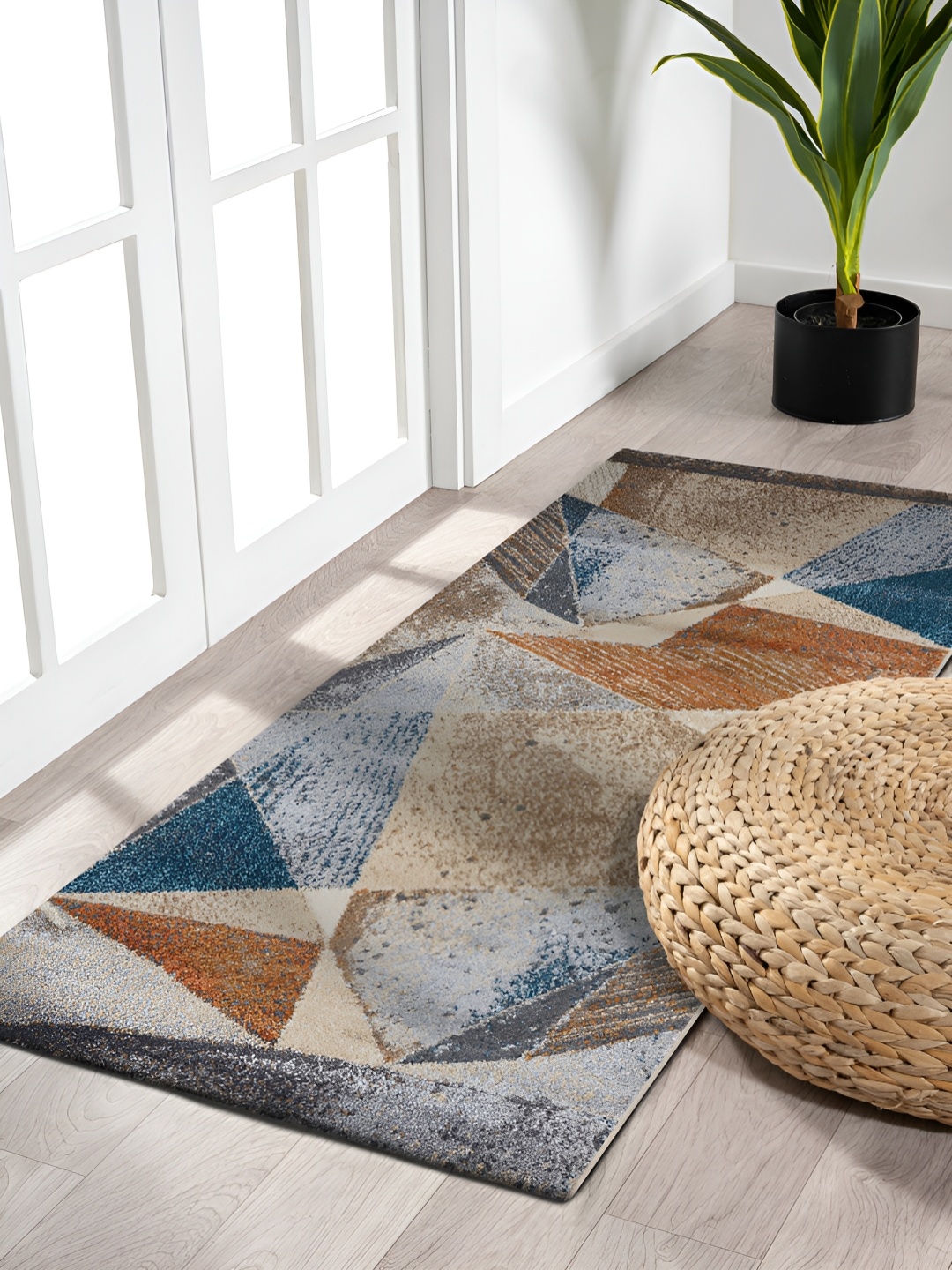 

OBSESSIONS Blue & Rust Orange Geometric-Printed Anti-Static Floor Runner