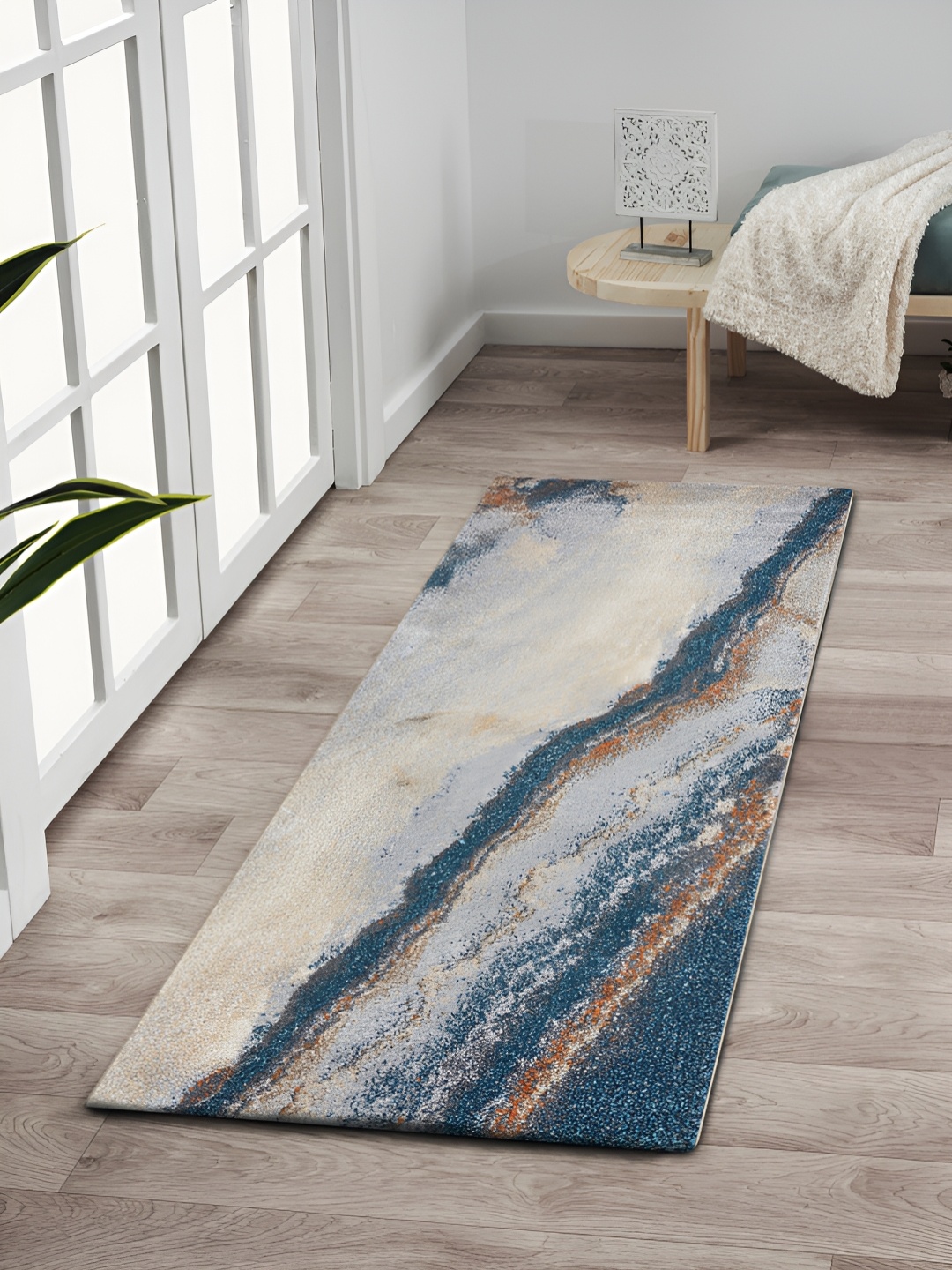

OBSESSIONS Cream-Colored & Blue Abstract Printed Anti Static Floor Runner