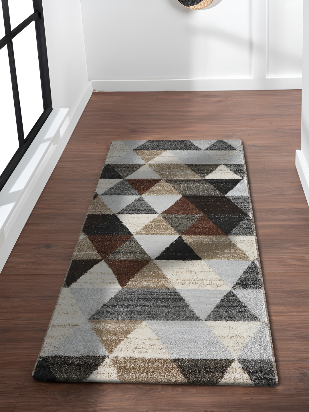 

OBSESSIONS Grey & Brown Geometric-Printed Anti-Static Floor Runner