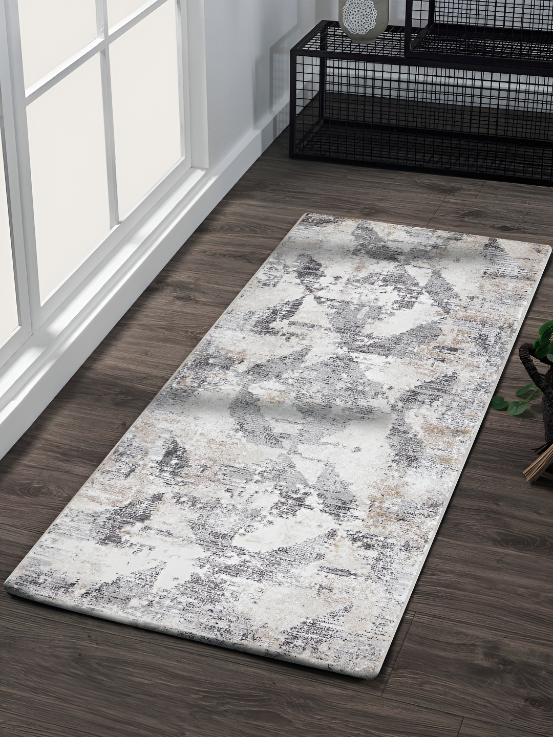 

OBSESSIONS Grey & Beige Abstract-Printed Anti-Static Floor Runner