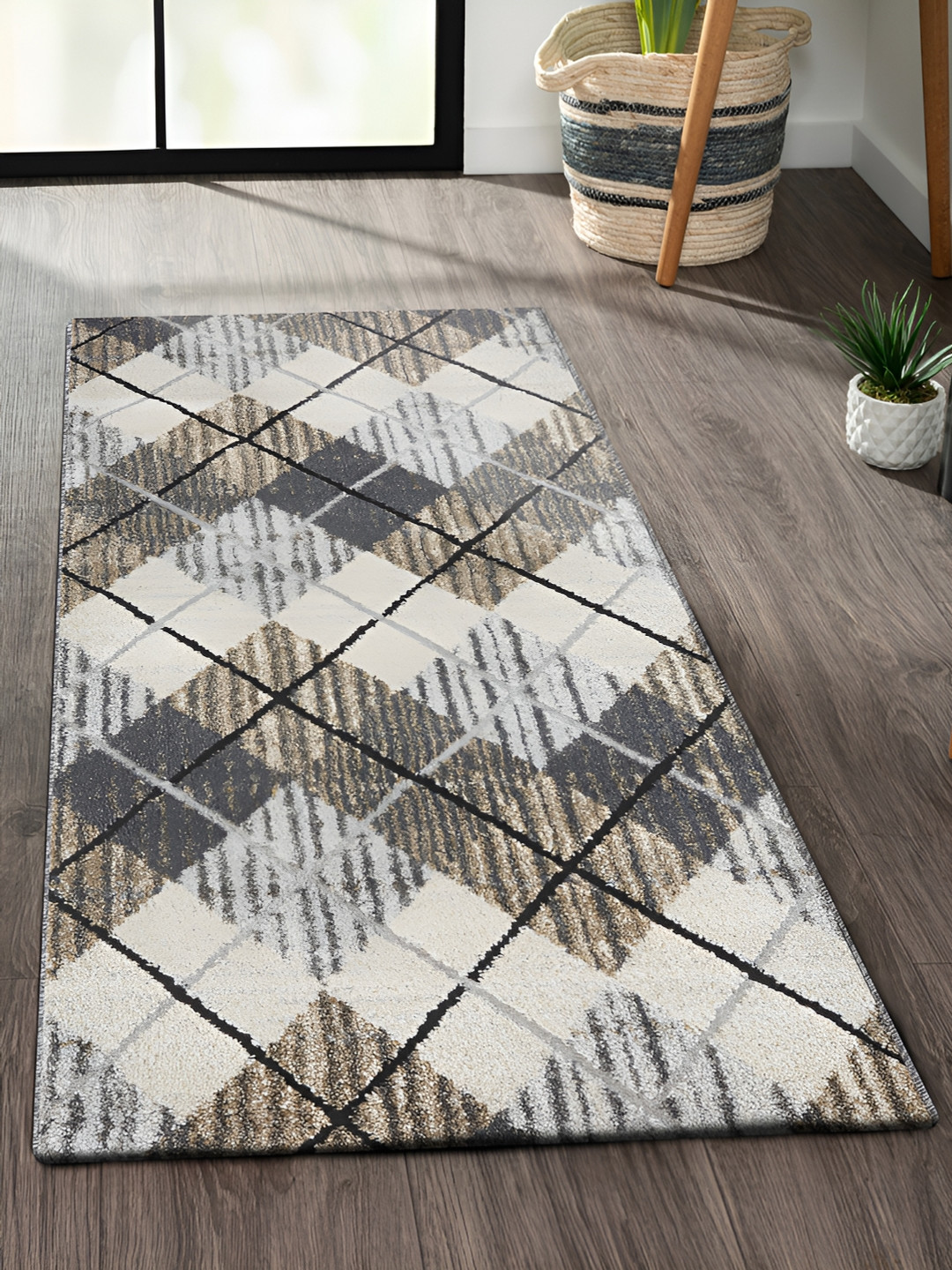 

OBSESSIONS Beige & Grey Geometric Printed Anti Static Floor Runner