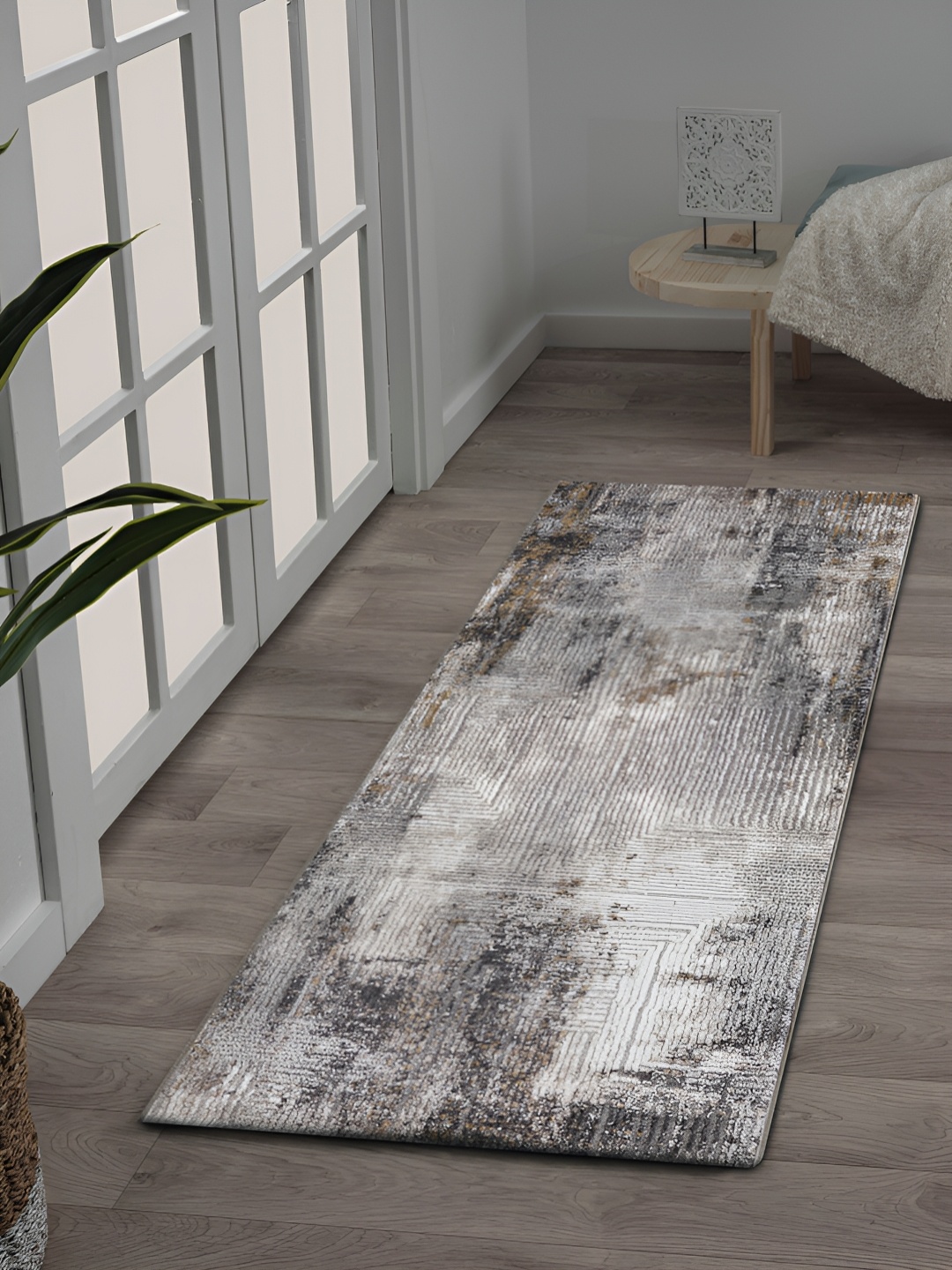 

OBSESSIONS Cream-Colored & Grey Abstract Printed Anti Static Floor Runner
