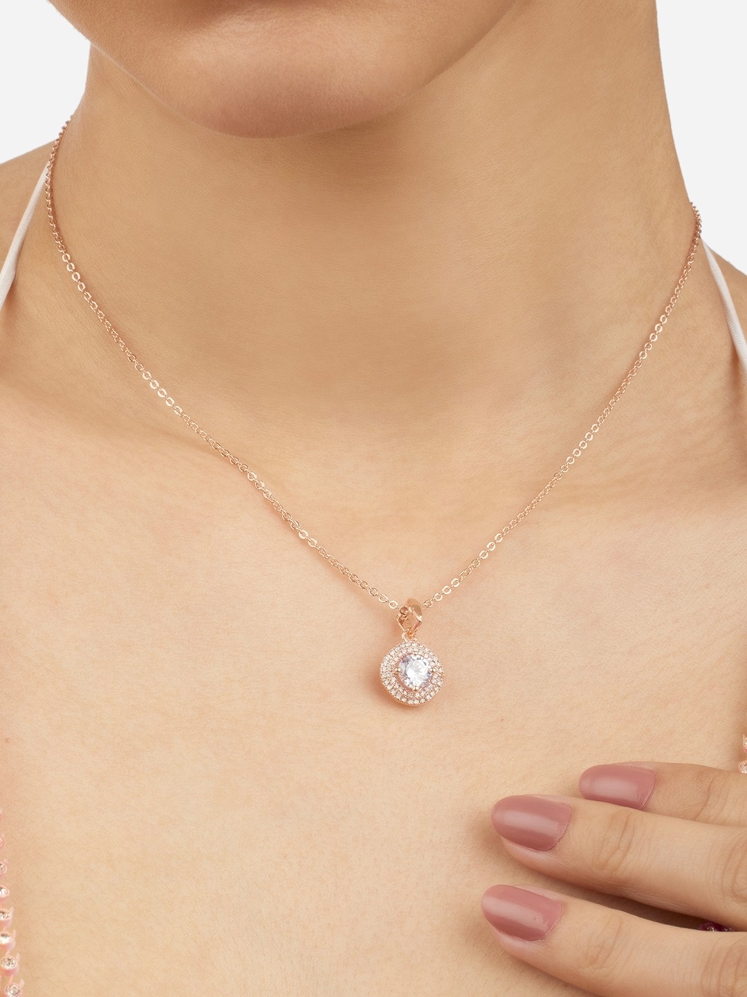

Zaveri Pearls Rose Gold-Plated CZ Stone- Stunted Pendants with Chains