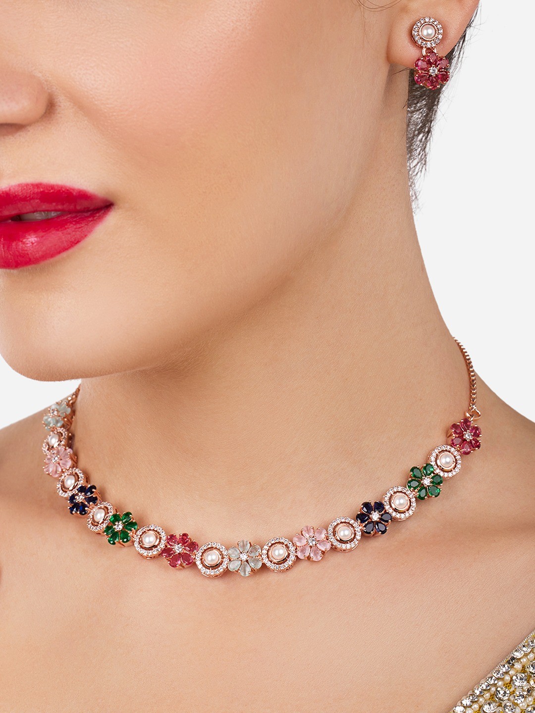 

Zaveri Pearls Rose Gold Plated Cubic Zirconia Studded & Beaded Jewellery Set