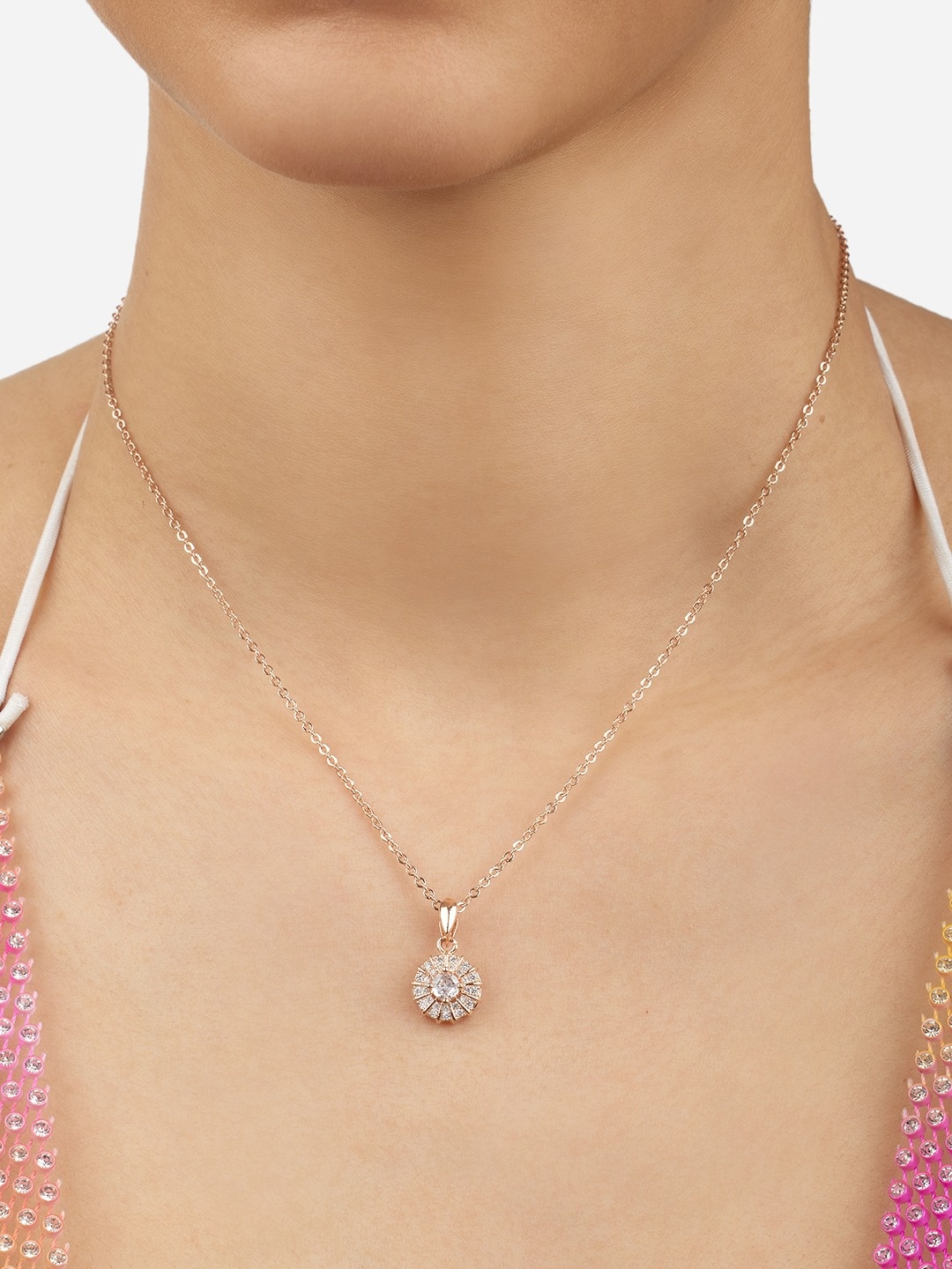 

Zaveri Pearls Rose Gold-Plated CZ Stone- Stunted Pendants with Chains