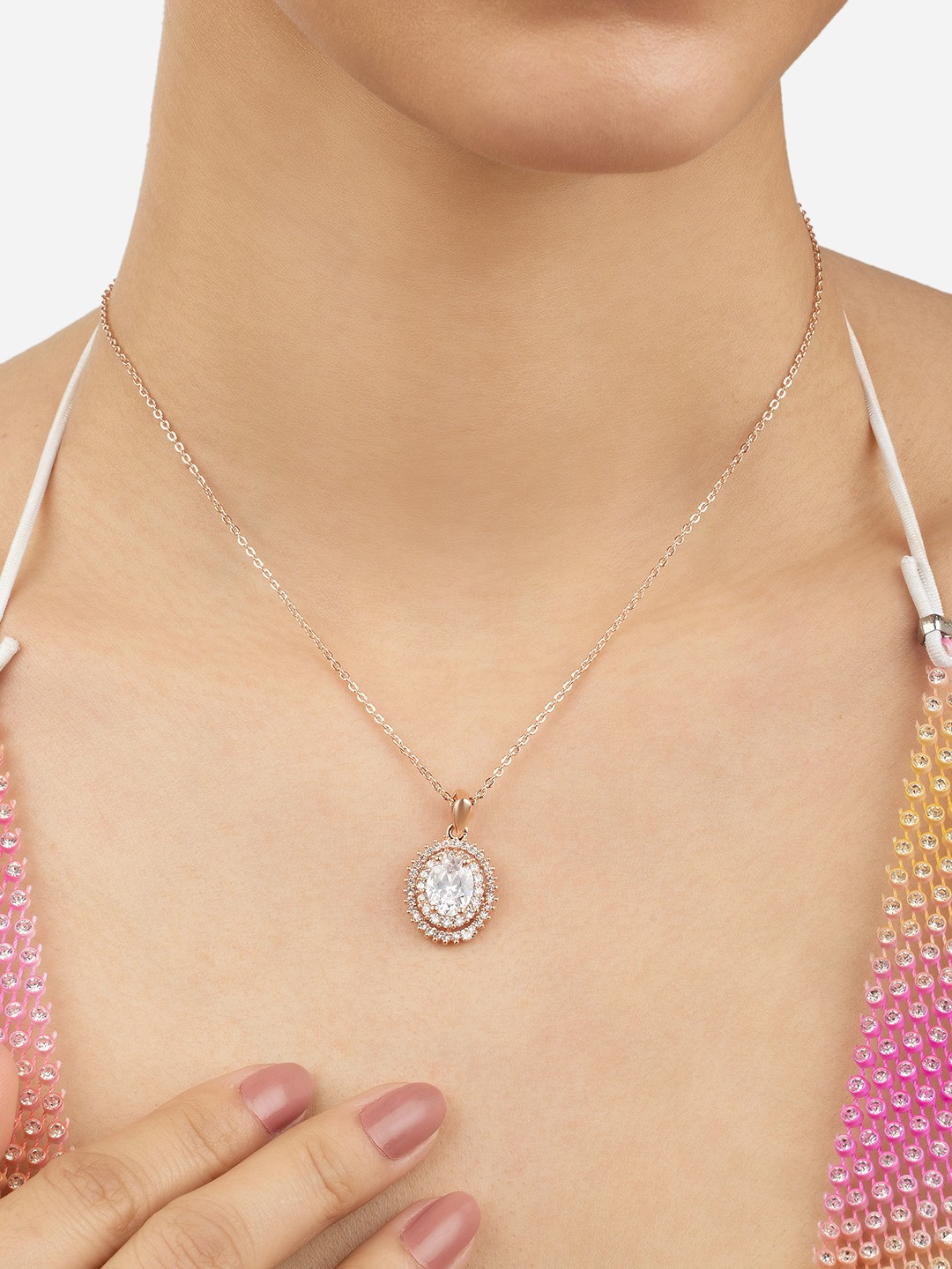 

Zaveri Pearls Rose Gold-Plated Cubic Zirconia Stone Studded Pendant with Chain