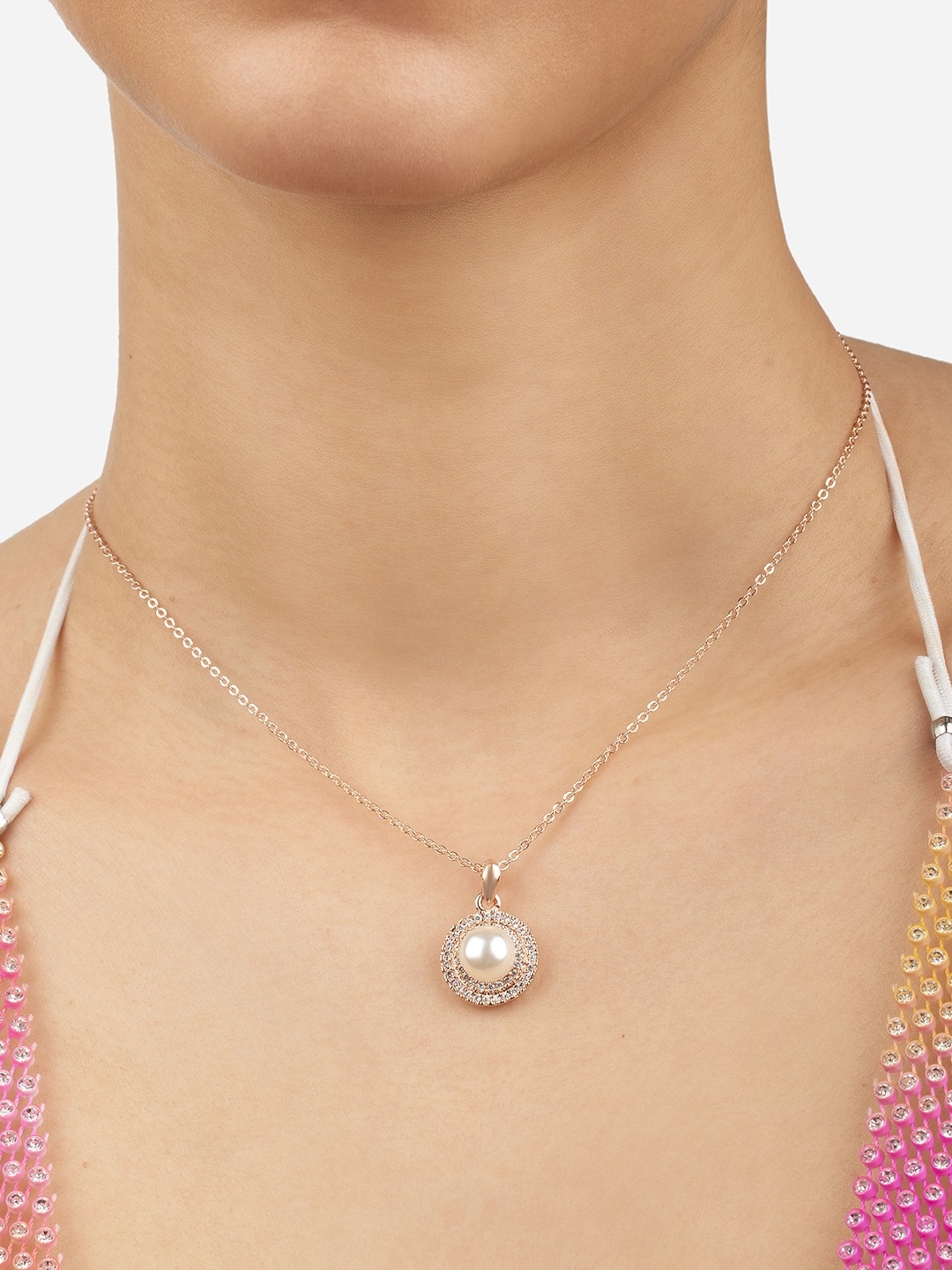

Zaveri Pearls Rose Gold-Plated Cubic Zirconia Stone Studded Pendant with Chain