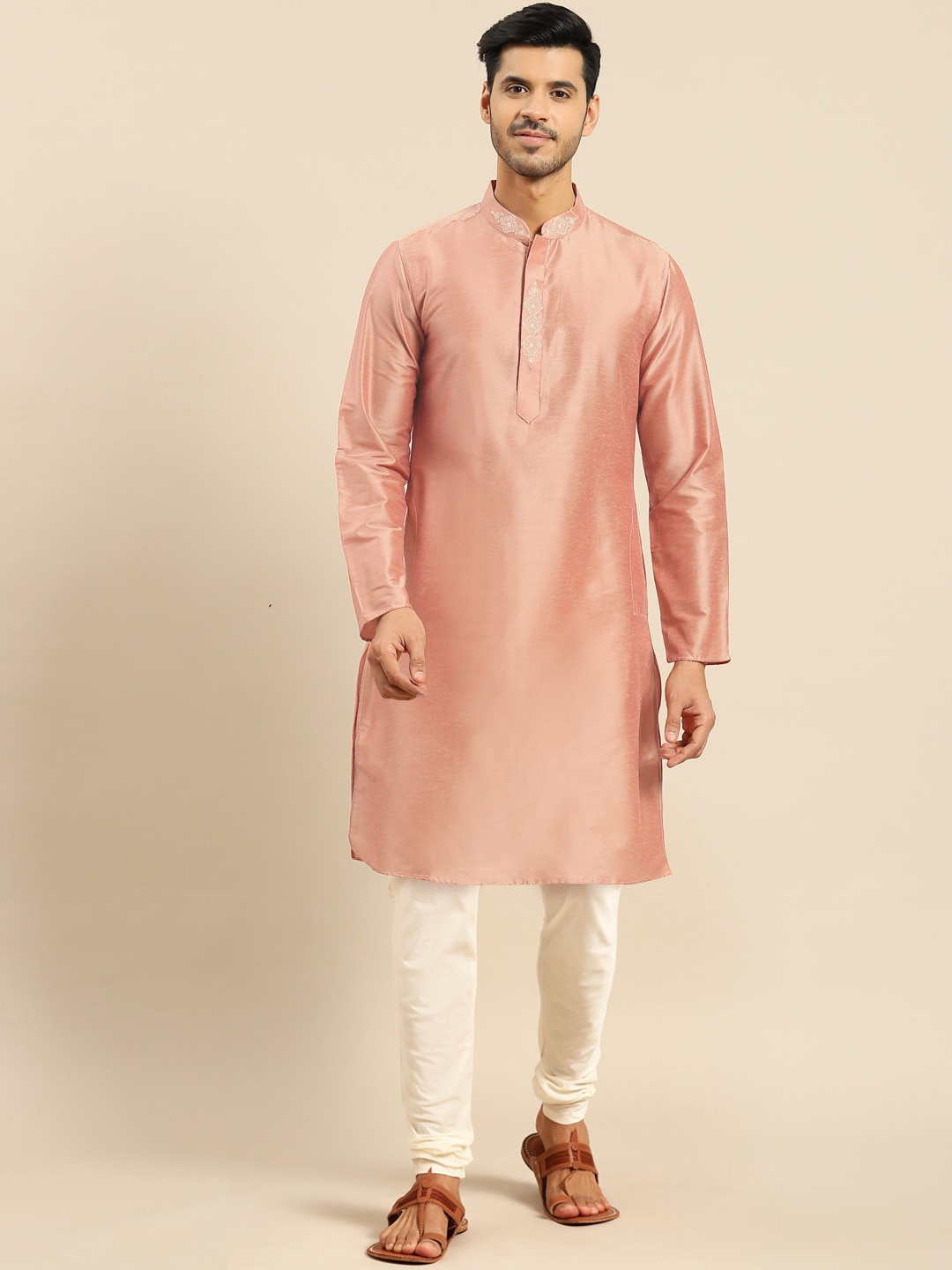 

Anouk Woven Design Thread Work Mandarin Collar Straight Kurta, Pink