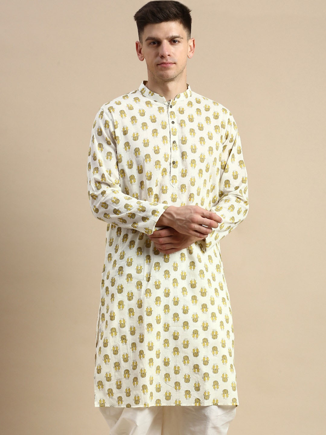 Anouk Woven Design Floral Mandarin Collar Thread Work Straight Kurta, White