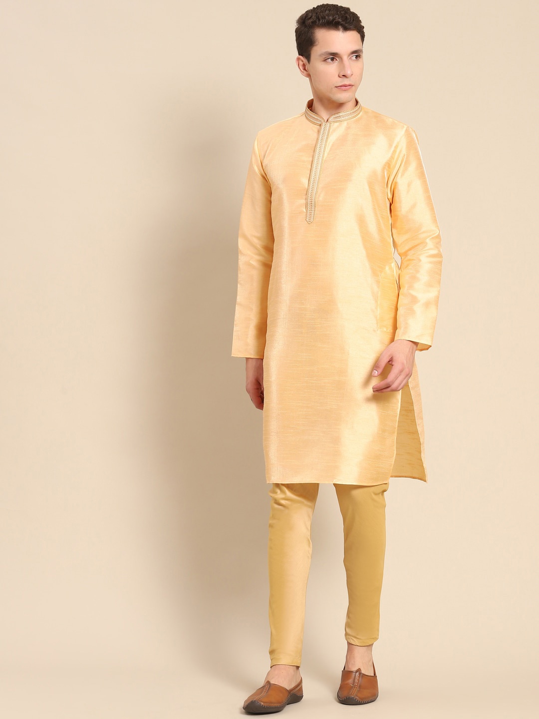 

Anouk Woven Design Gotta Patti Mandarin Collar Straight Kurta, Yellow