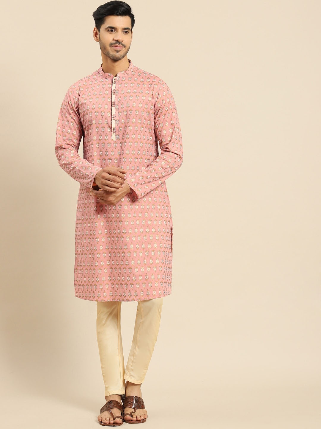 

Anouk Woven Design Floral Mandarin Collar Straight Kurta, Pink