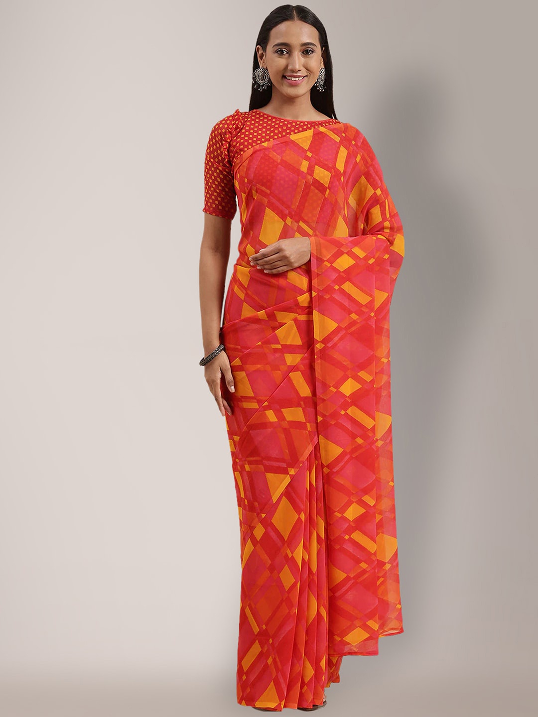 

KALINI Geometric Printed Saree, Red