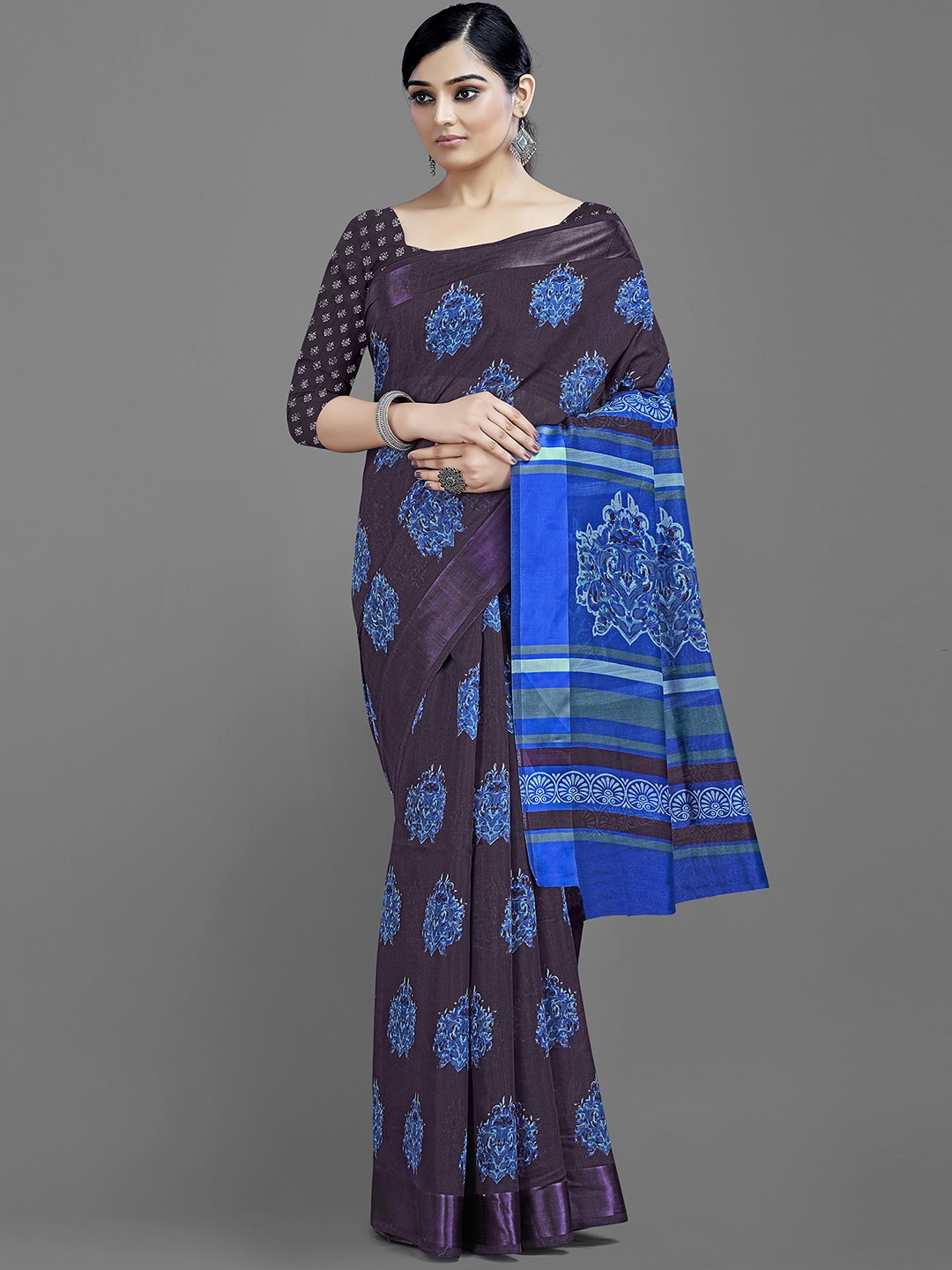 

KALINI Ethnic Motifs Block Printed Saree, Purple