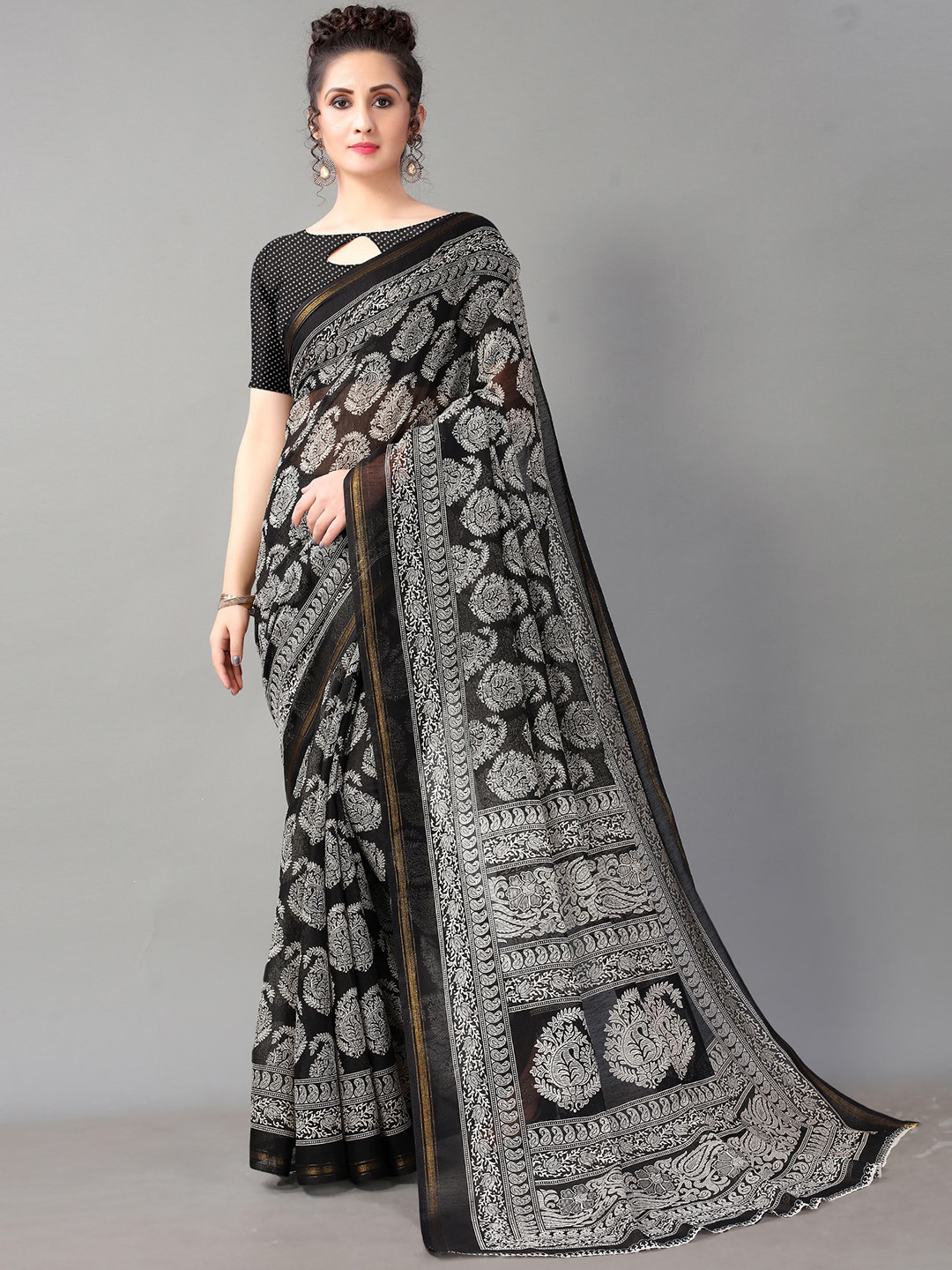 

KALINI Ethnic Motifs Block Printed Saree, Black