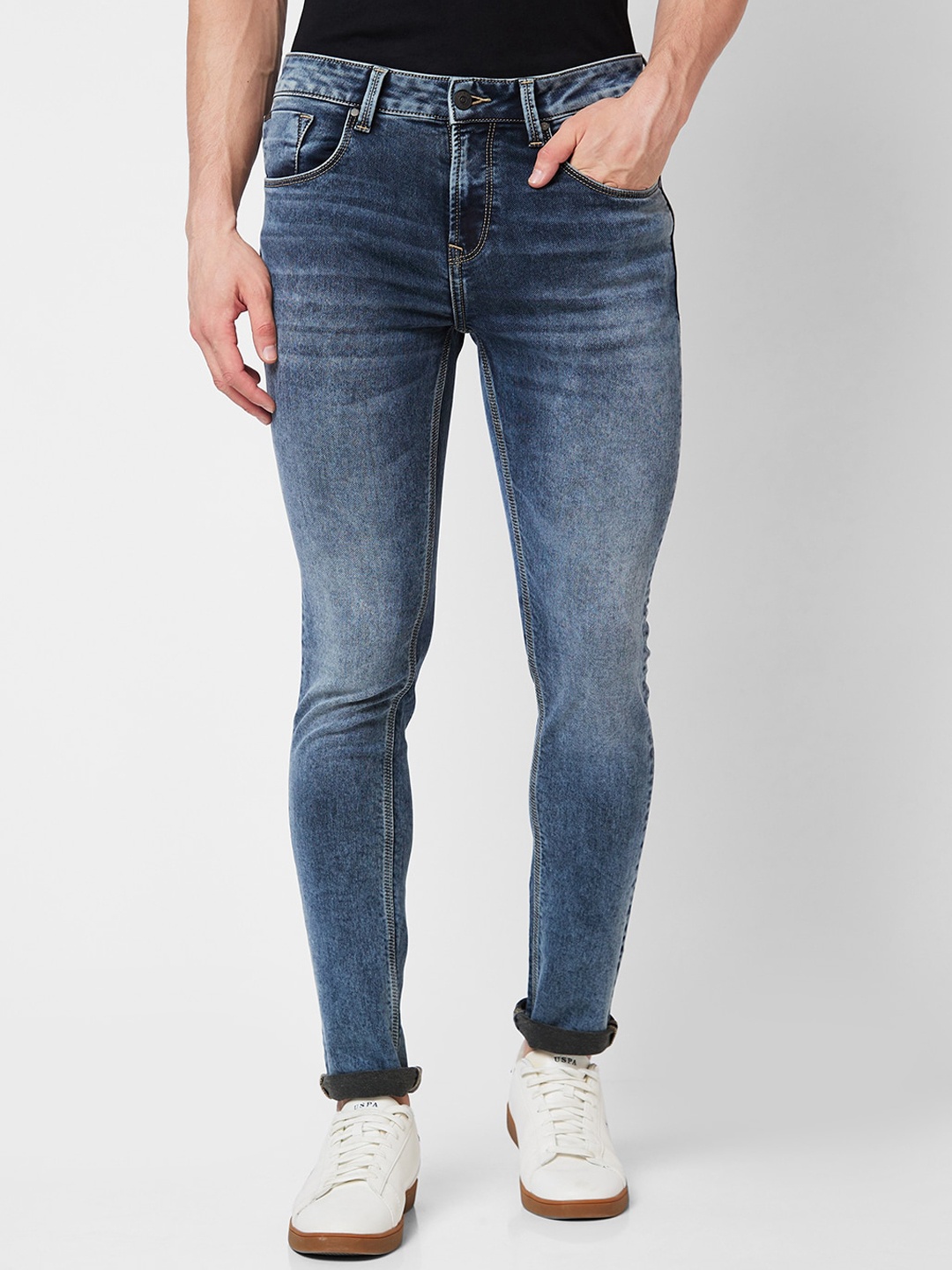 

SPYKAR Men Skinny Fit Clean Look Low-Rise Heavy Fade Cotton Jeans, Grey