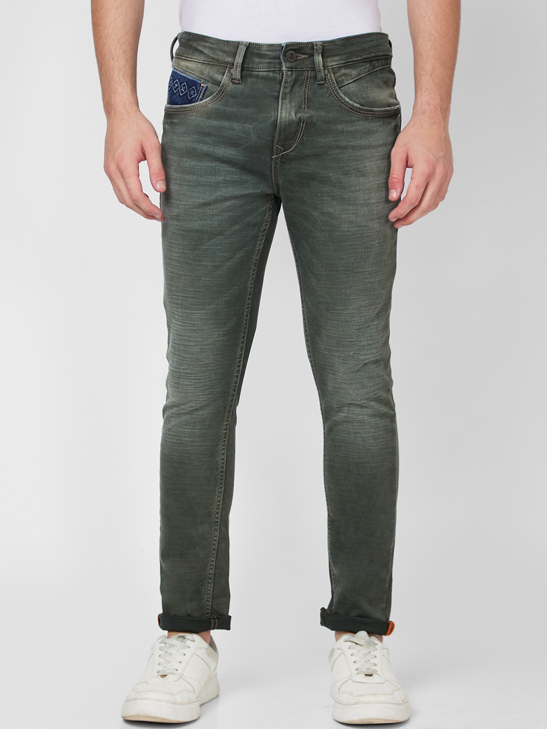 

SPYKAR Men Skinny Fit Low-Rise Heavy Fade Cotton Jeans, Green