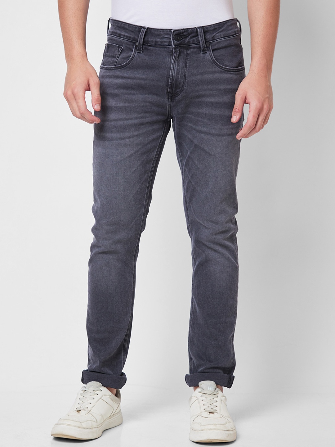 

SPYKAR Men Skinny Fit Clean Look Low-Rise Light Fade Cotton Jeans, Grey
