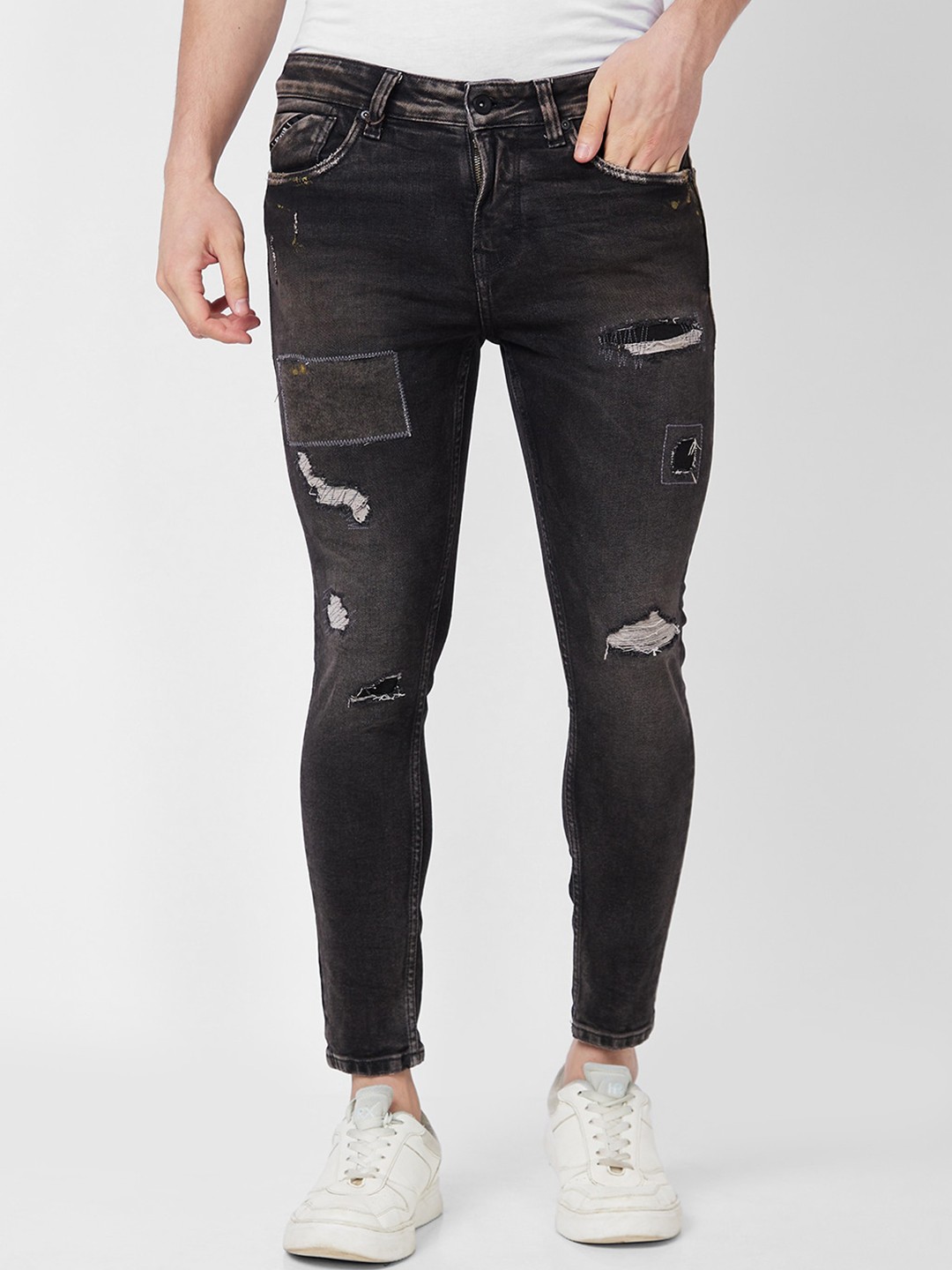 

SPYKAR Men Tapered Fit Mildly Distressed Heavy Fade Cotton Jeans, Black