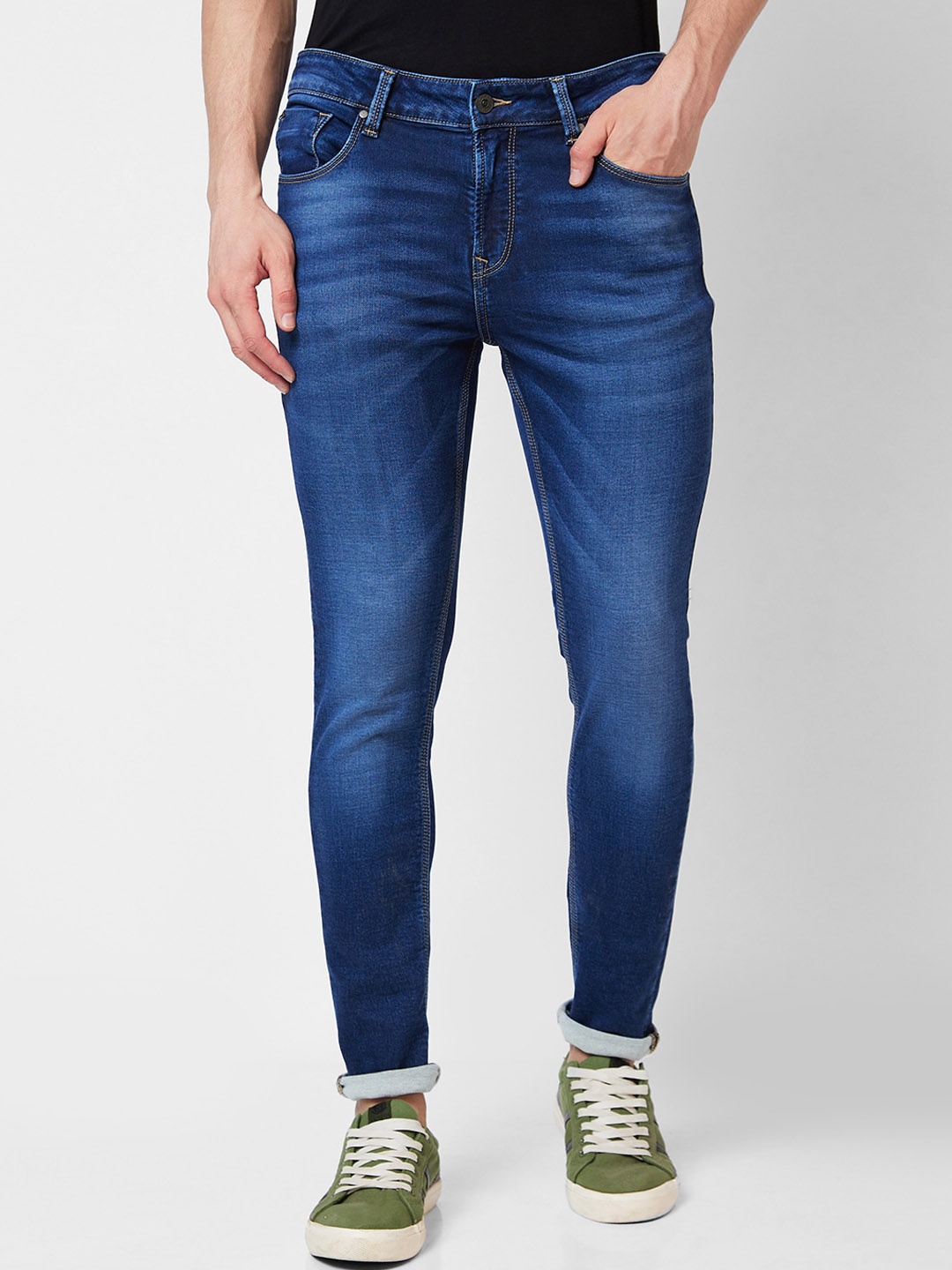

SPYKAR Men Slim Fit Low-Rise Heavy Fade Clean Look Whiskers Cotton Jeans, Blue
