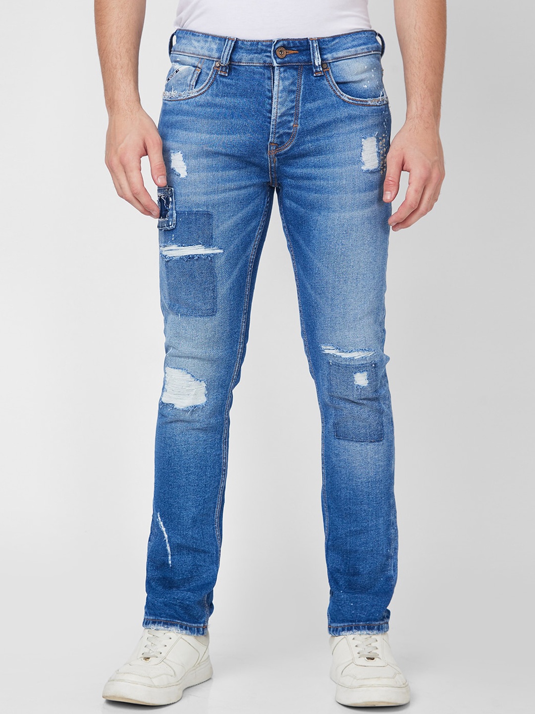 

SPYKAR Men Mid-Rise Tapered Fit Highly Distressed Heavy Fade Stretchable Cotton Jeans, Blue
