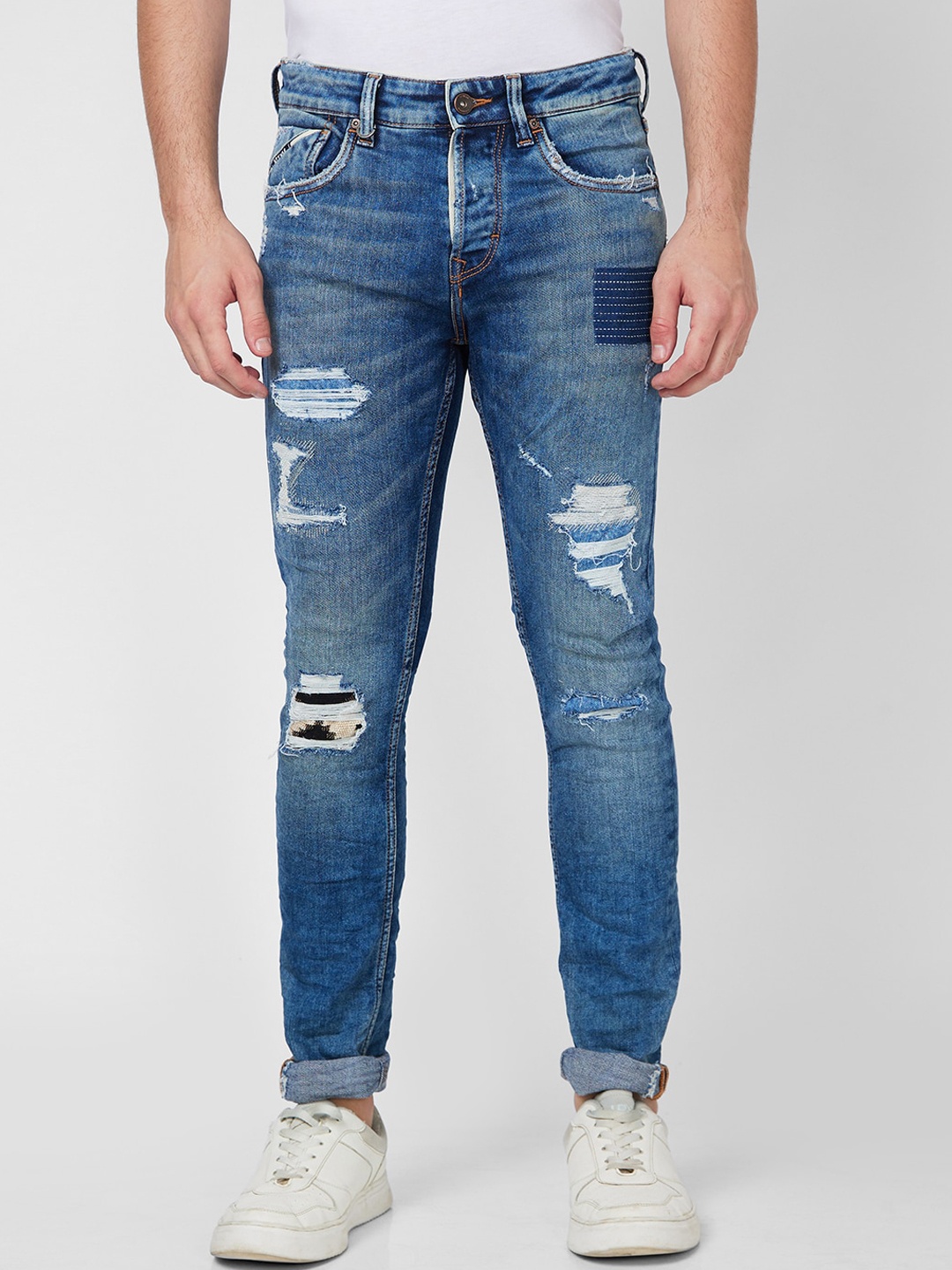 

SPYKAR Men Skinny Fit Low-Rise Highly Distressed Heavy Fade Cotton Jeans, Blue