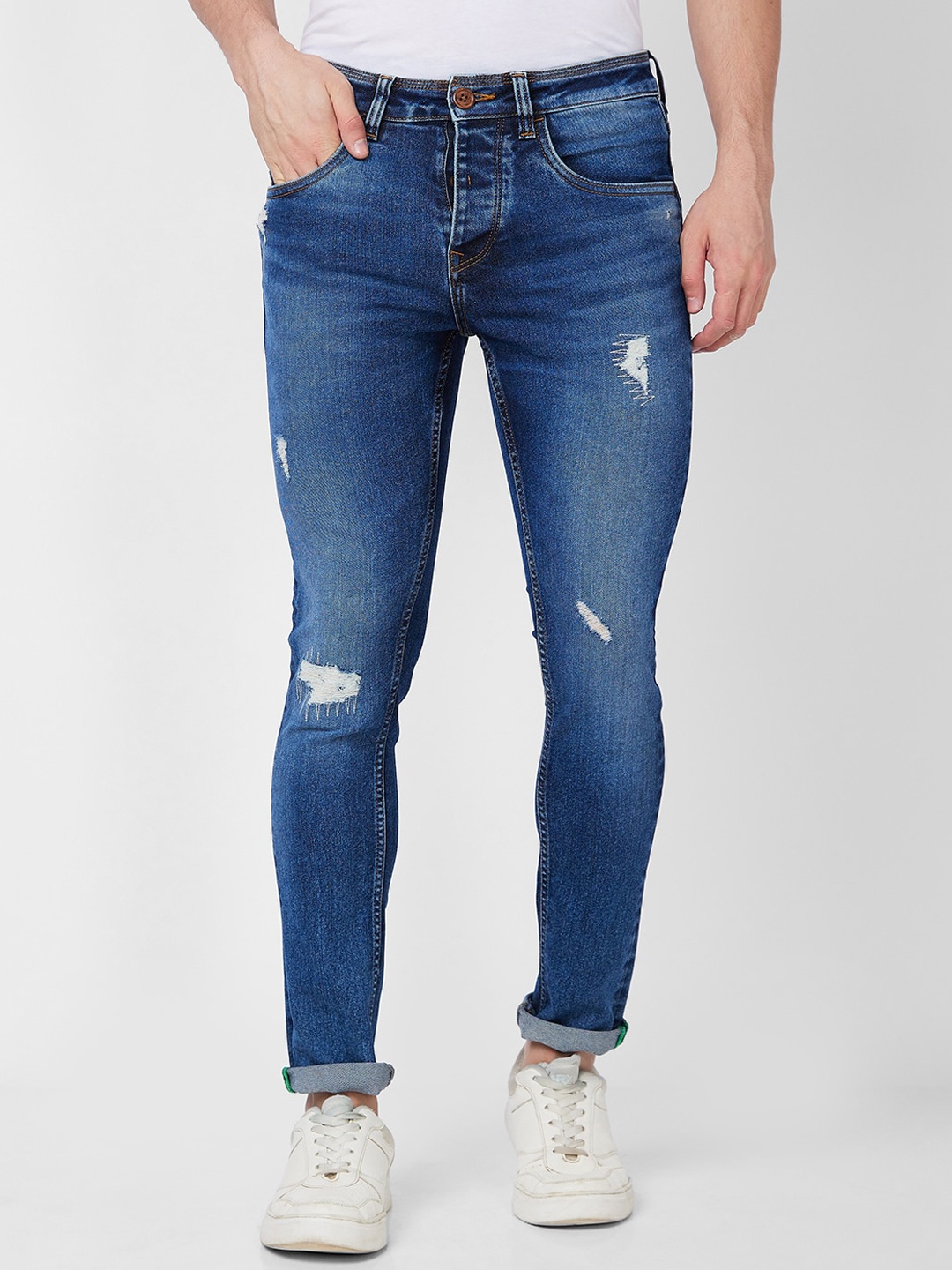

SPYKAR Men Skinny Fit Low-Rise Mildly Distressed Light Fade Jeans, Blue