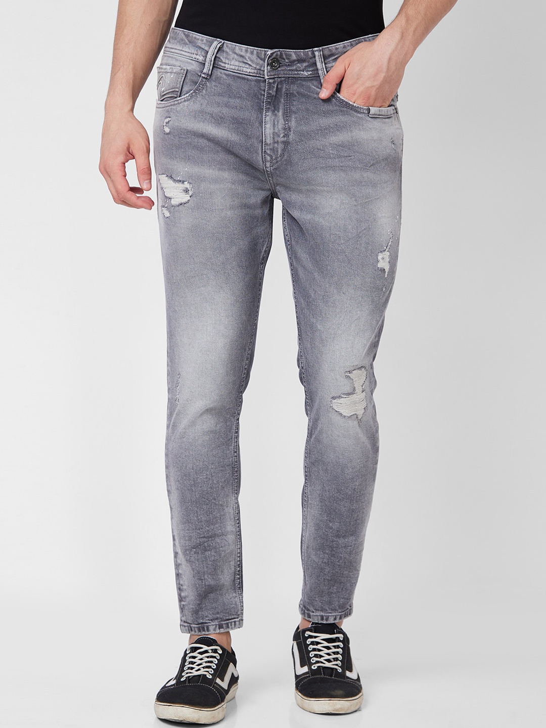 

SPYKAR Men Tapered Fit Mildly Distressed Heavy Fade Cotton Jeans, Grey
