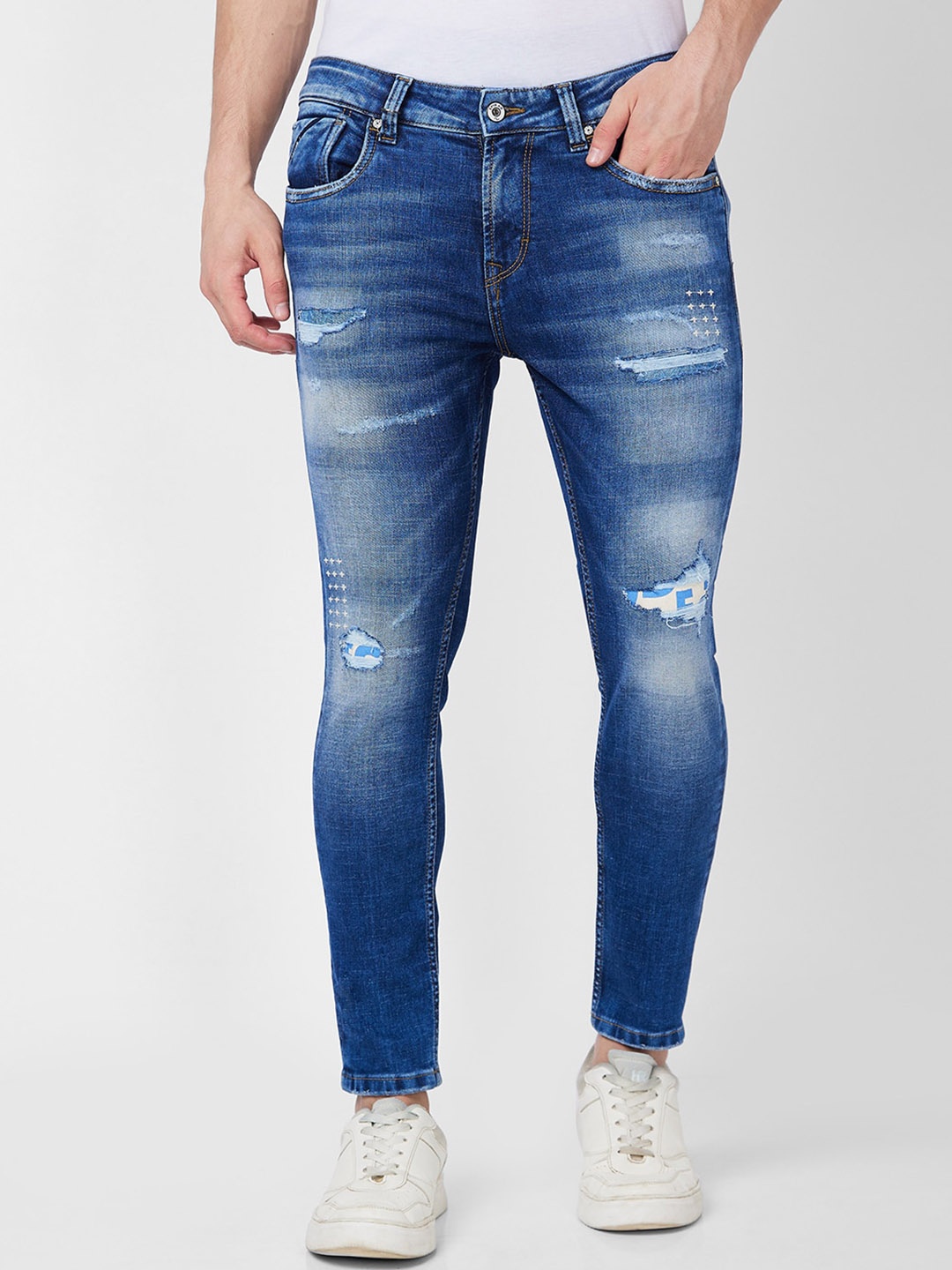 

SPYKAR Men Tapered Fit Mildly Distressed Heavy Fade Stretchable Jeans, Blue