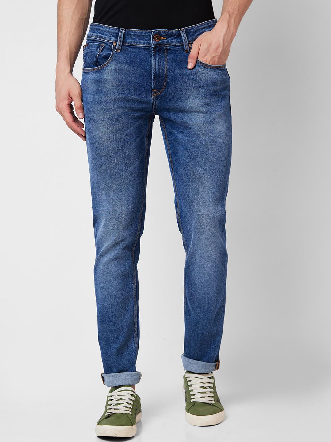 

SPYKAR Men Skinny Fit Low-Rise Heavy Fade Cotton Stretchable Jeans, Blue