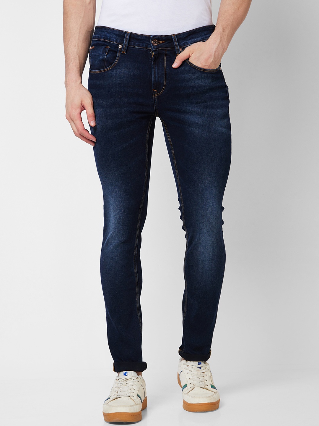 SPYKAR Men Skinny Fit Low-Rise Heavy Fade Stretchable Jeans, Blue
