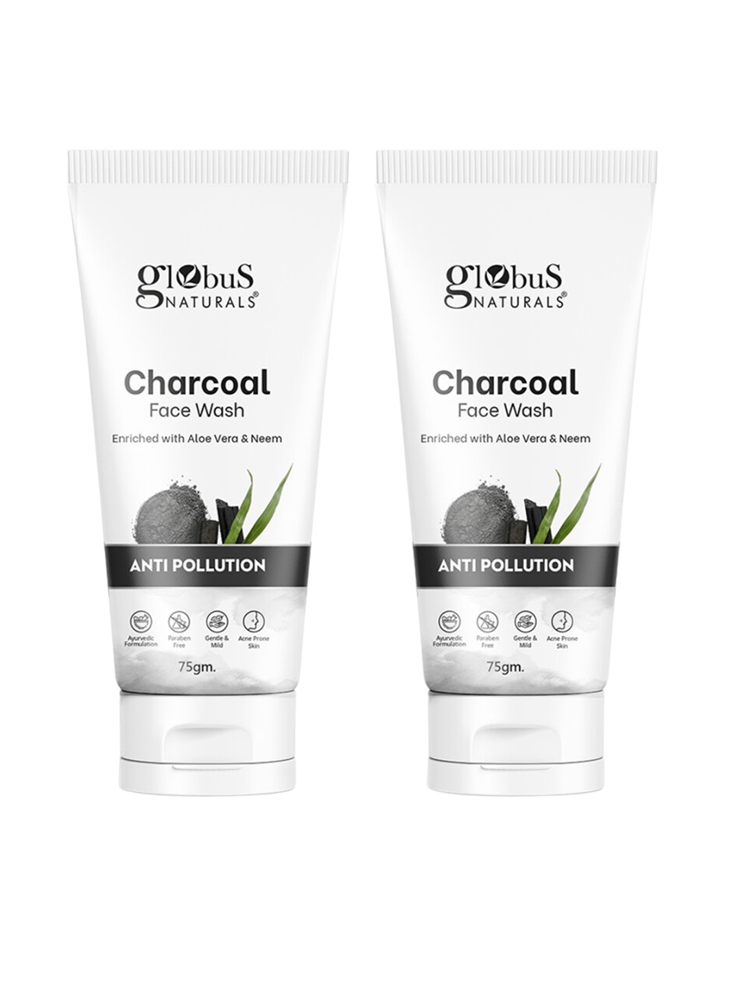 

Globus naturals Set of 2 Charcoal Anti Pollution Face Wash with Aloevera & Neem - 75g each, Black