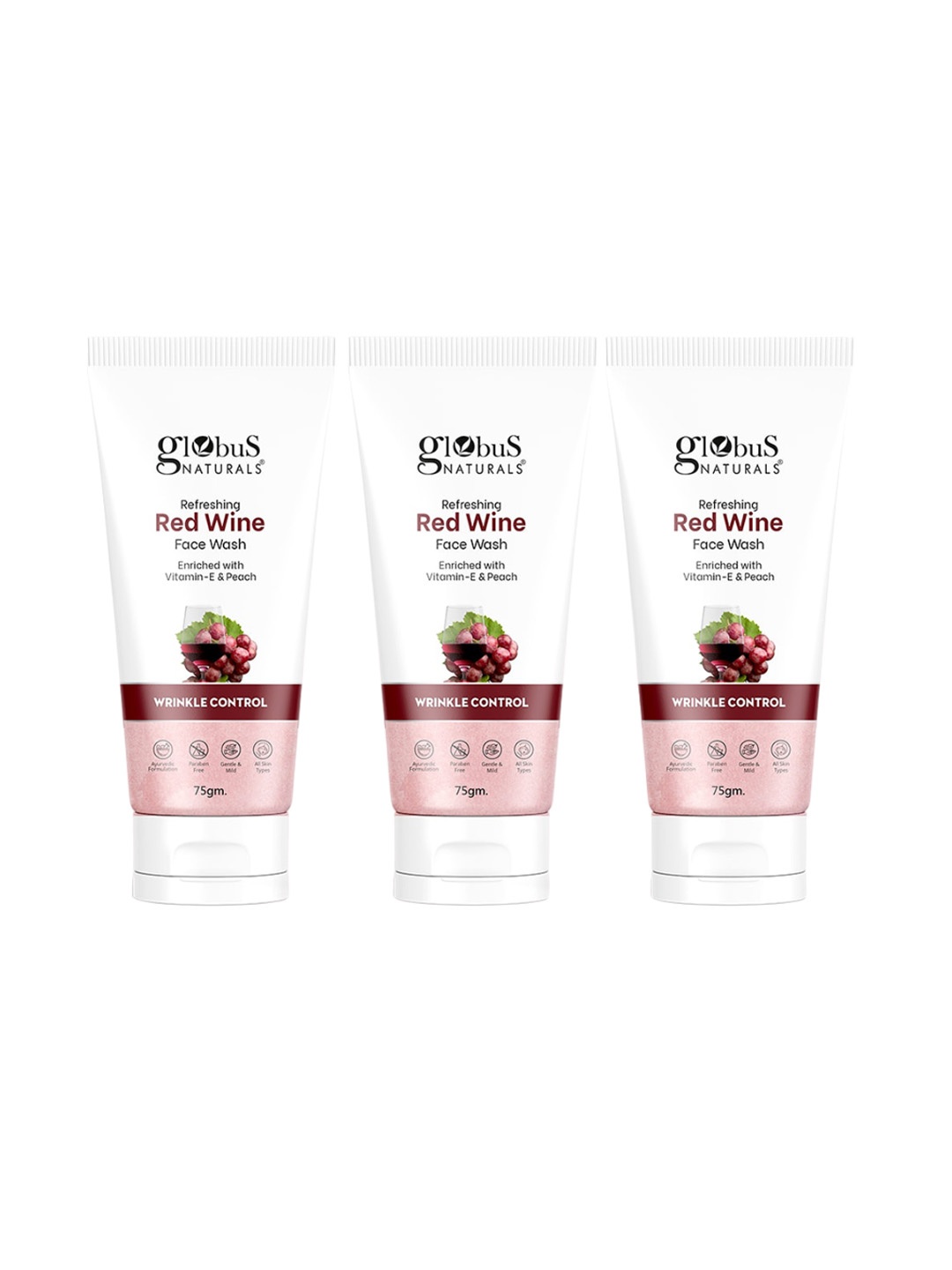 

Globus naturals Set of 3 Refreshing Red Wine Face Wash with Vitamin E & Peach - 75 g each, Maroon