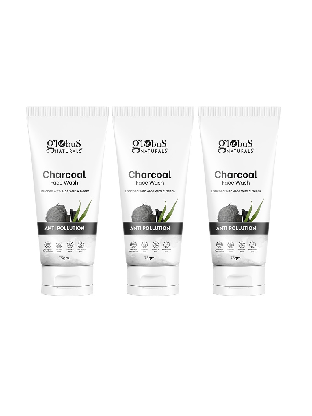 

Globus naturals Set of 3 Charcoal Anti Pollution Face Wash with Aloevera & Neem - 75g each, Black