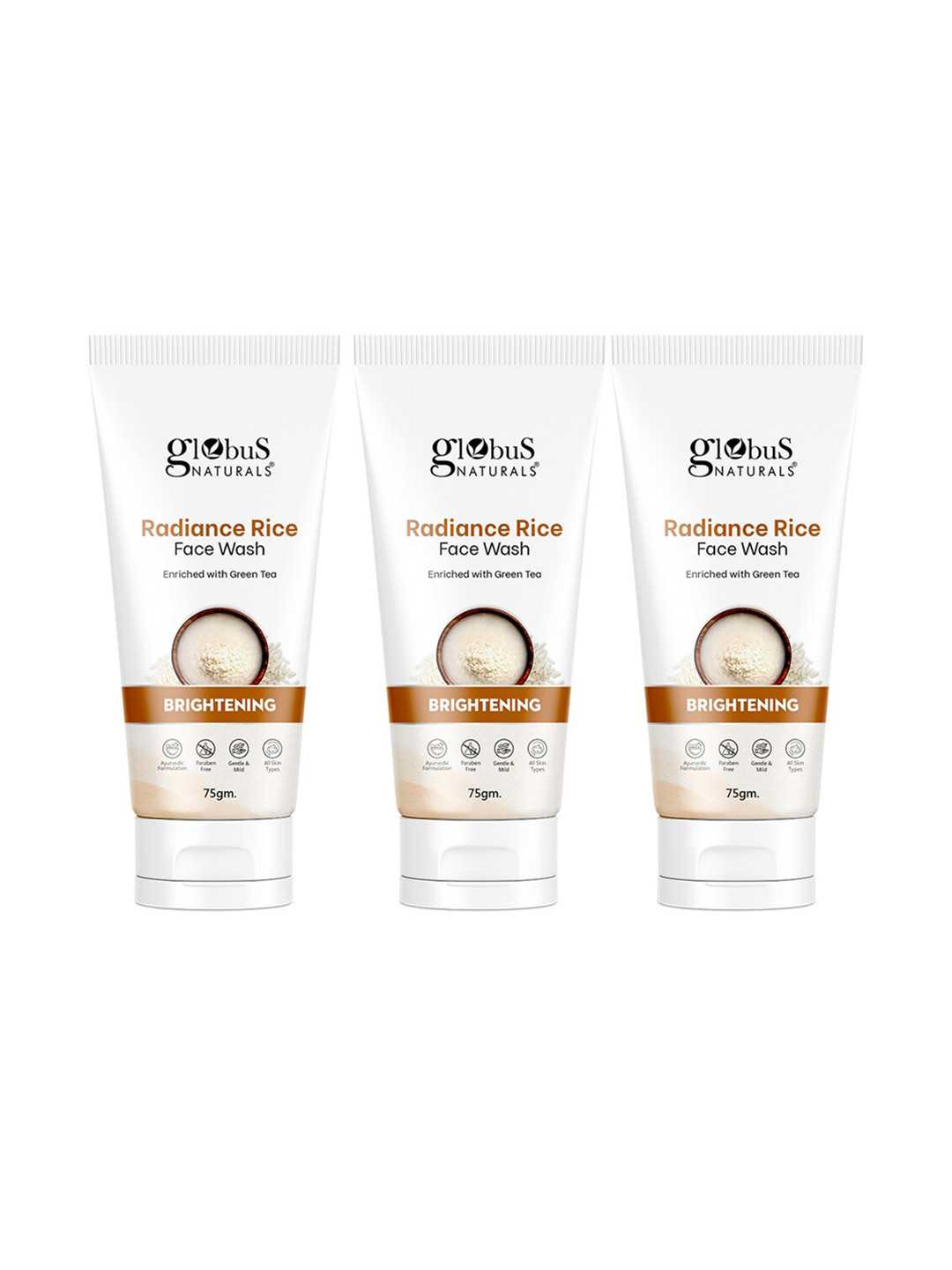 

Globus naturals Set of 3 Radiance Rice Brightening Face Wash with Green Tea - 75 g each, Brown