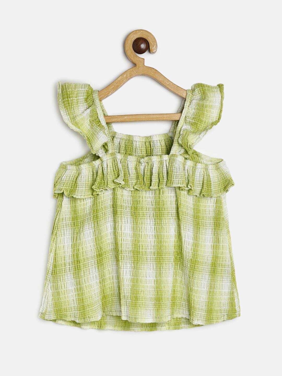 

MINI KLUB Girls Square Neck Short Fluttered Sleeves Checked Cotton Top, Green
