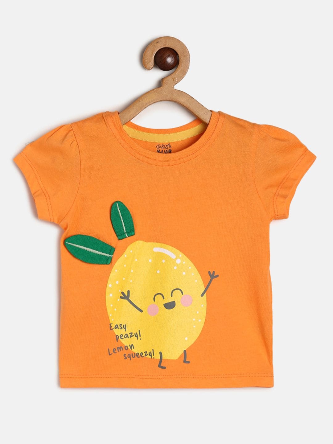 

MINI KLUB Girls Round Neck Short Puff Sleeve Graphic Print Cotton Top, Orange