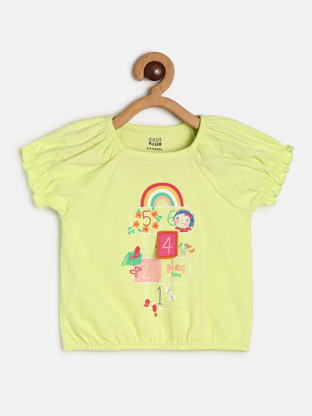 

MINI KLUB Girls Round Neck Short Puff Sleeve Cotton Graphic Print Blouson Top, Green