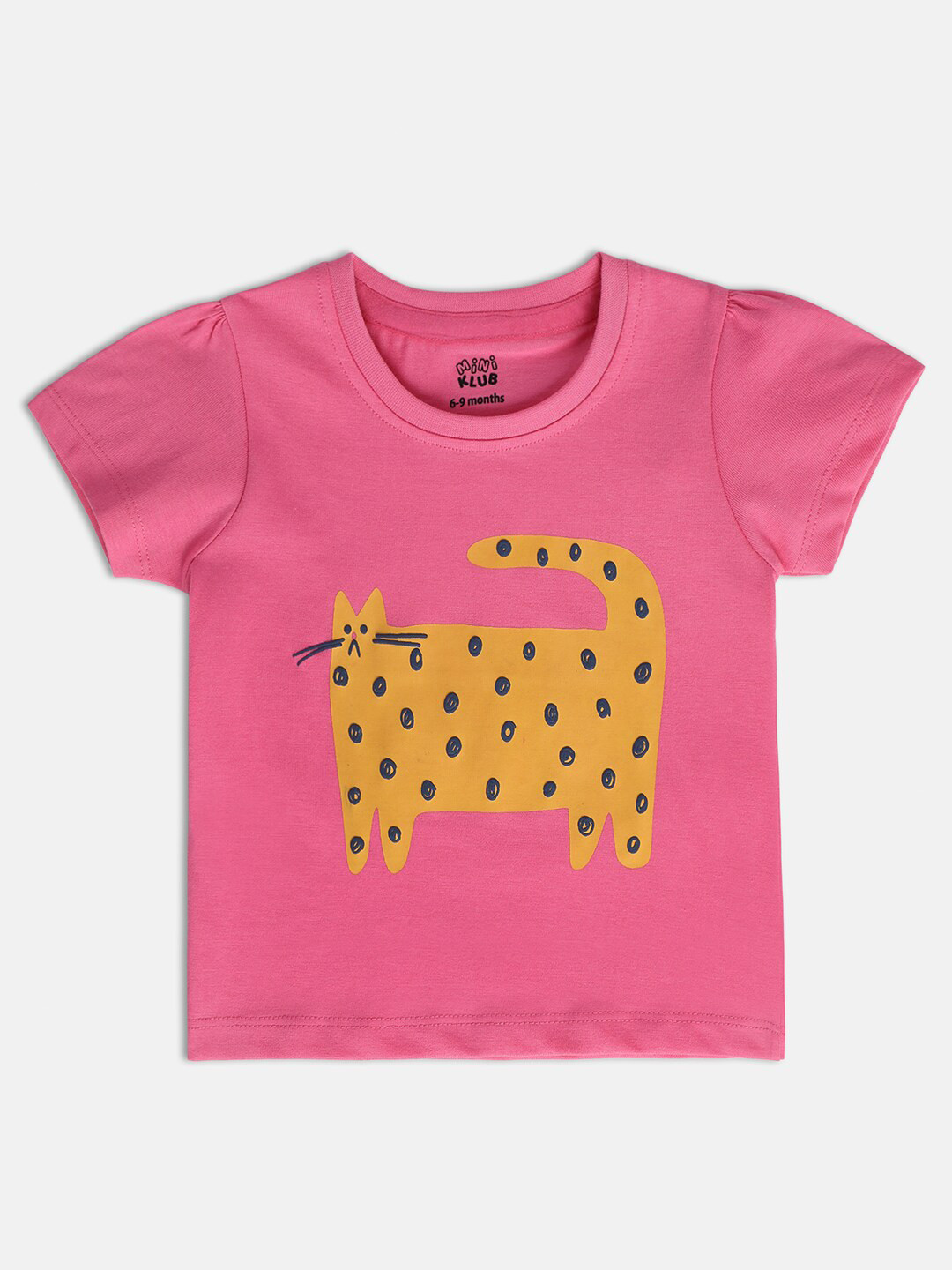 

MINI KLUB GIRLS Round Neck Short Sleeves Printed Cotton Top, Pink